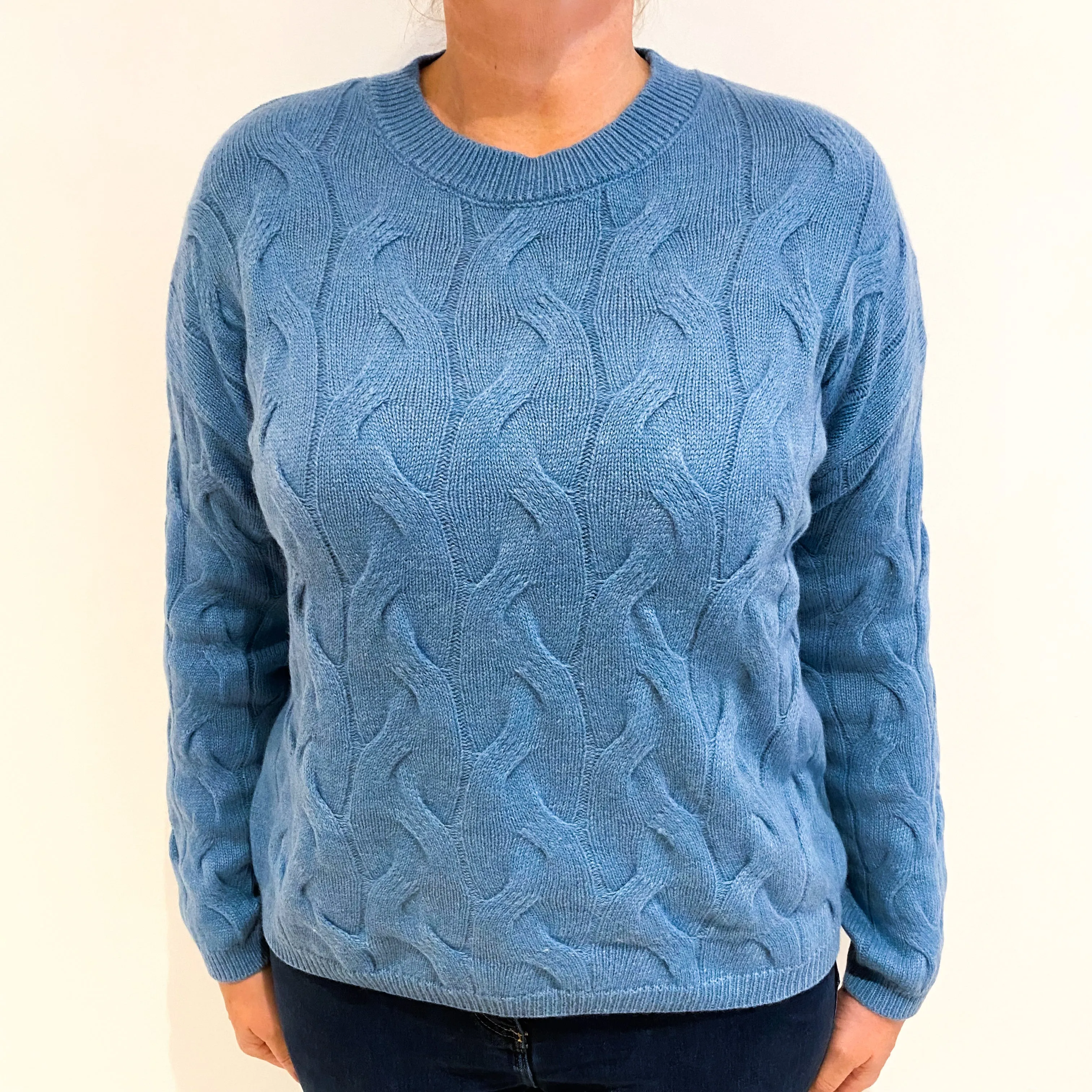Airforce Blue Chunky Knit Cashmere Crew Neck Jumper Large