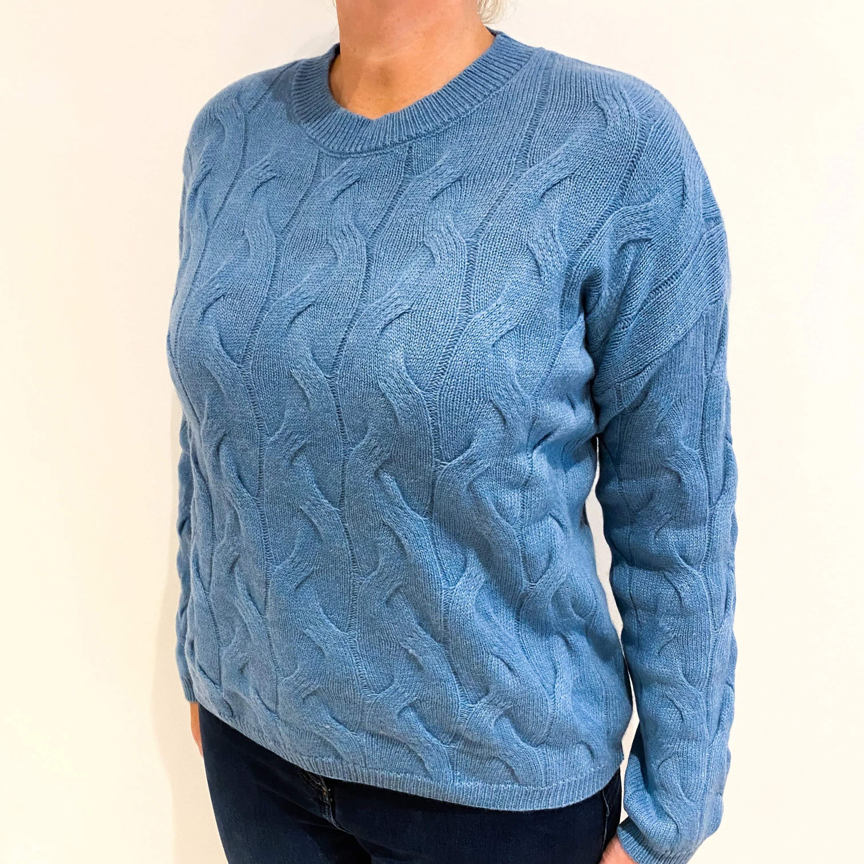 Airforce Blue Chunky Knit Cashmere Crew Neck Jumper Large