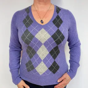Amethyst Purple Argyle Cashmere V-Neck Jumper Large