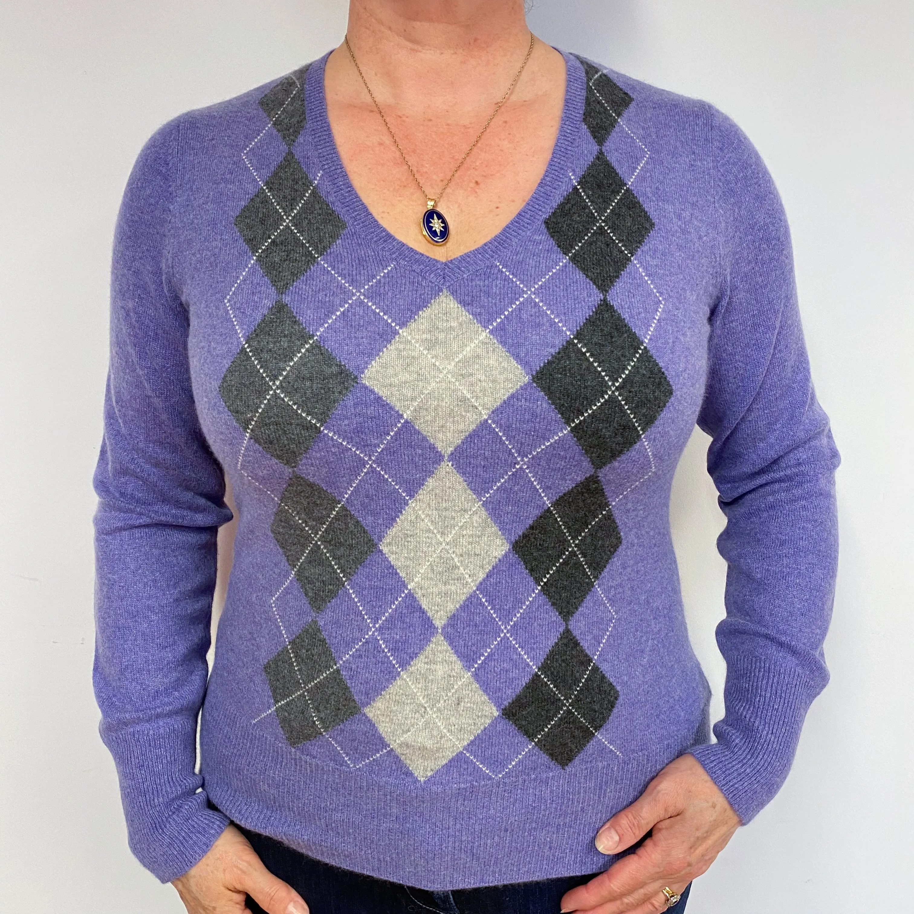 Amethyst Purple Argyle Cashmere V-Neck Jumper Large