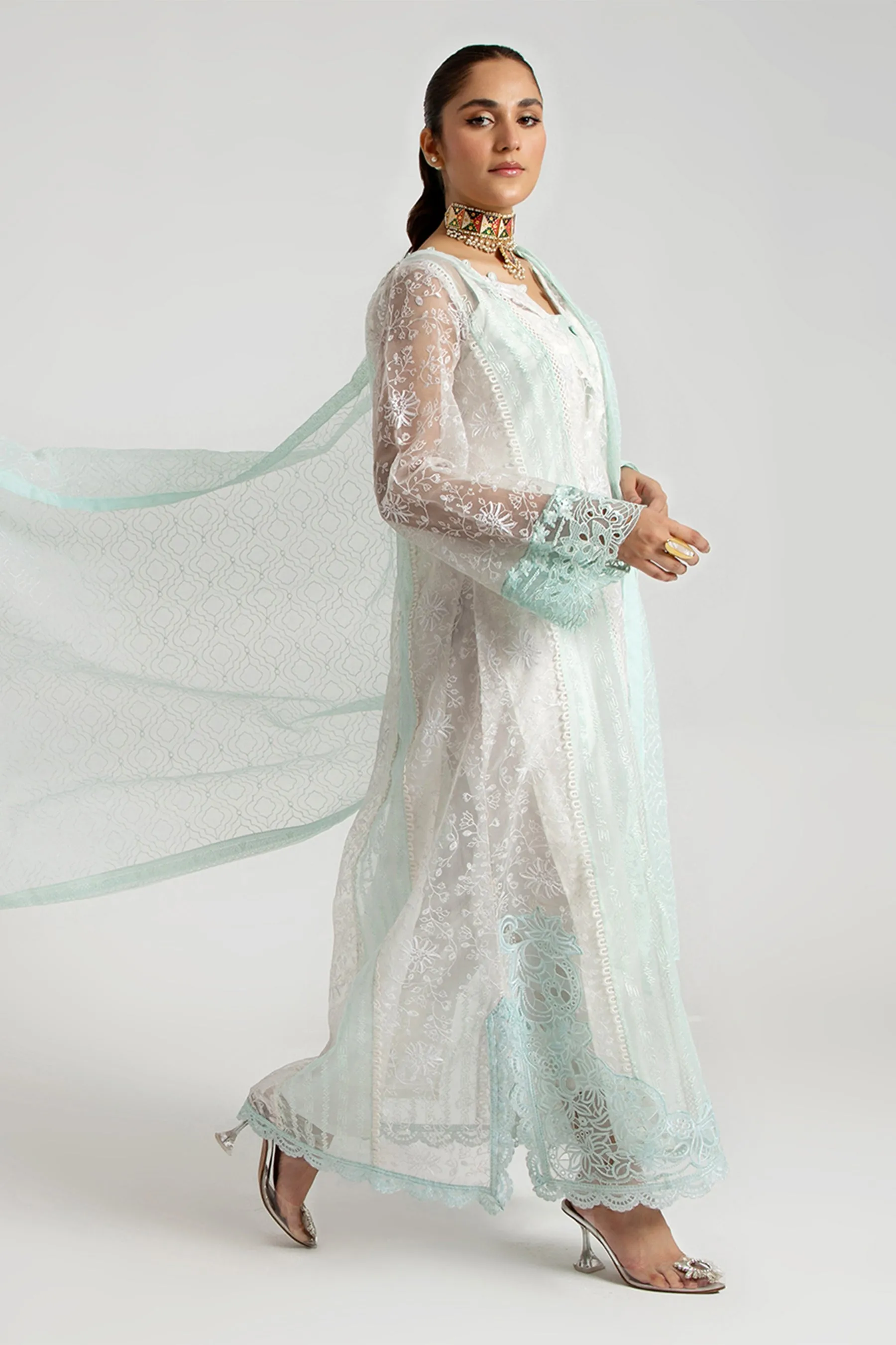 Arif Ashraf - Turkuvaz - White and aqua - Organza and Raw Silk - 3 Piece