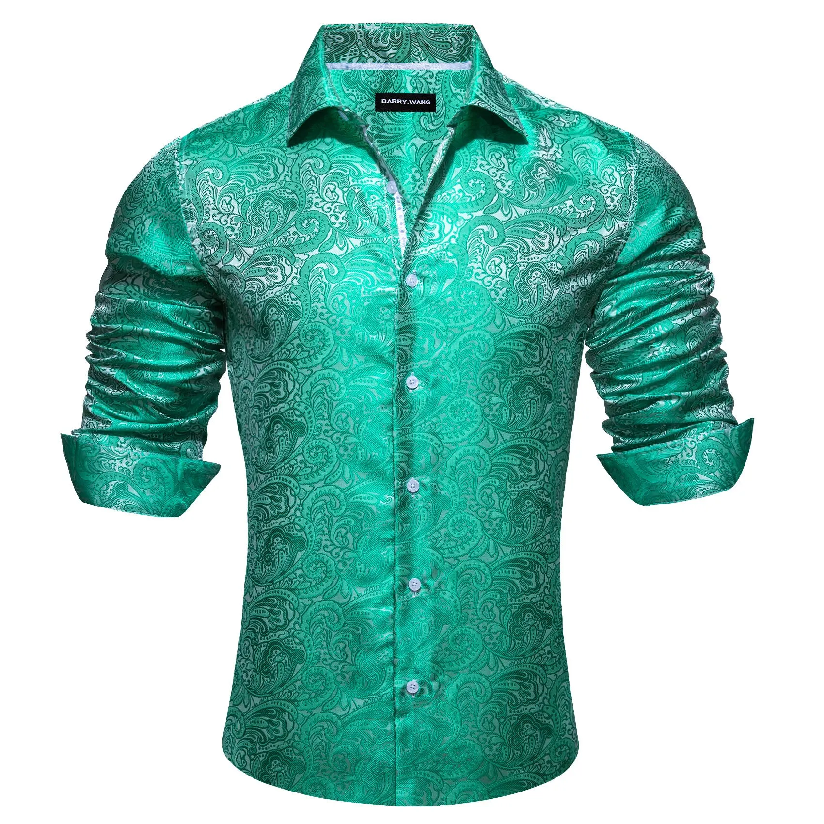 Barry Wang MediumTurquoise Teal Green White Paisley Silk Men's Shirt