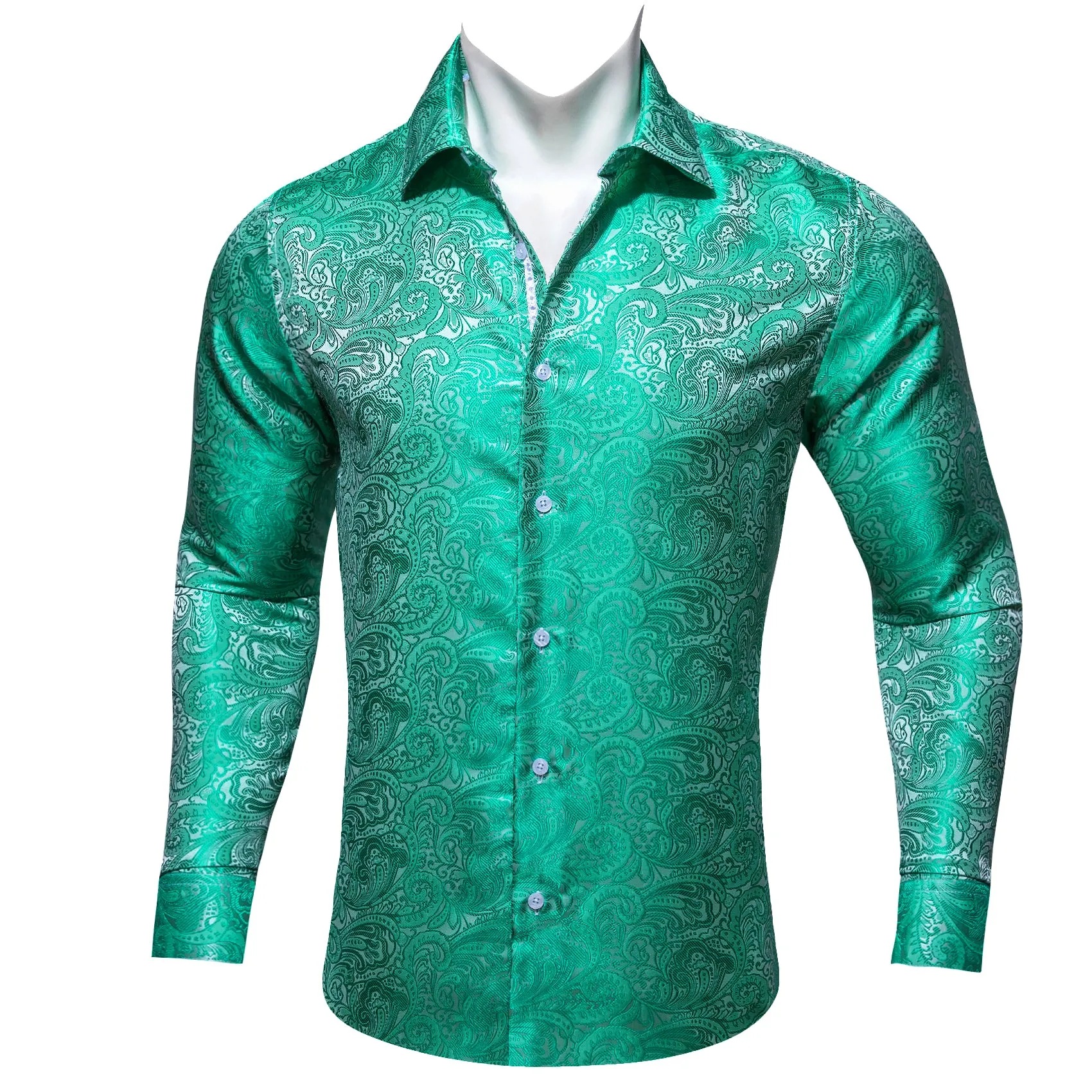 Barry Wang MediumTurquoise Teal Green White Paisley Silk Men's Shirt