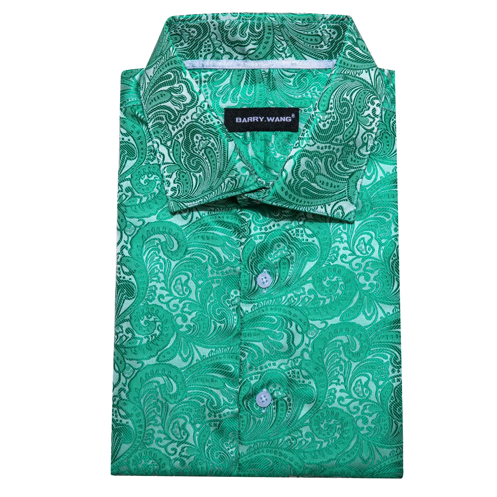 Barry Wang MediumTurquoise Teal Green White Paisley Silk Men's Shirt