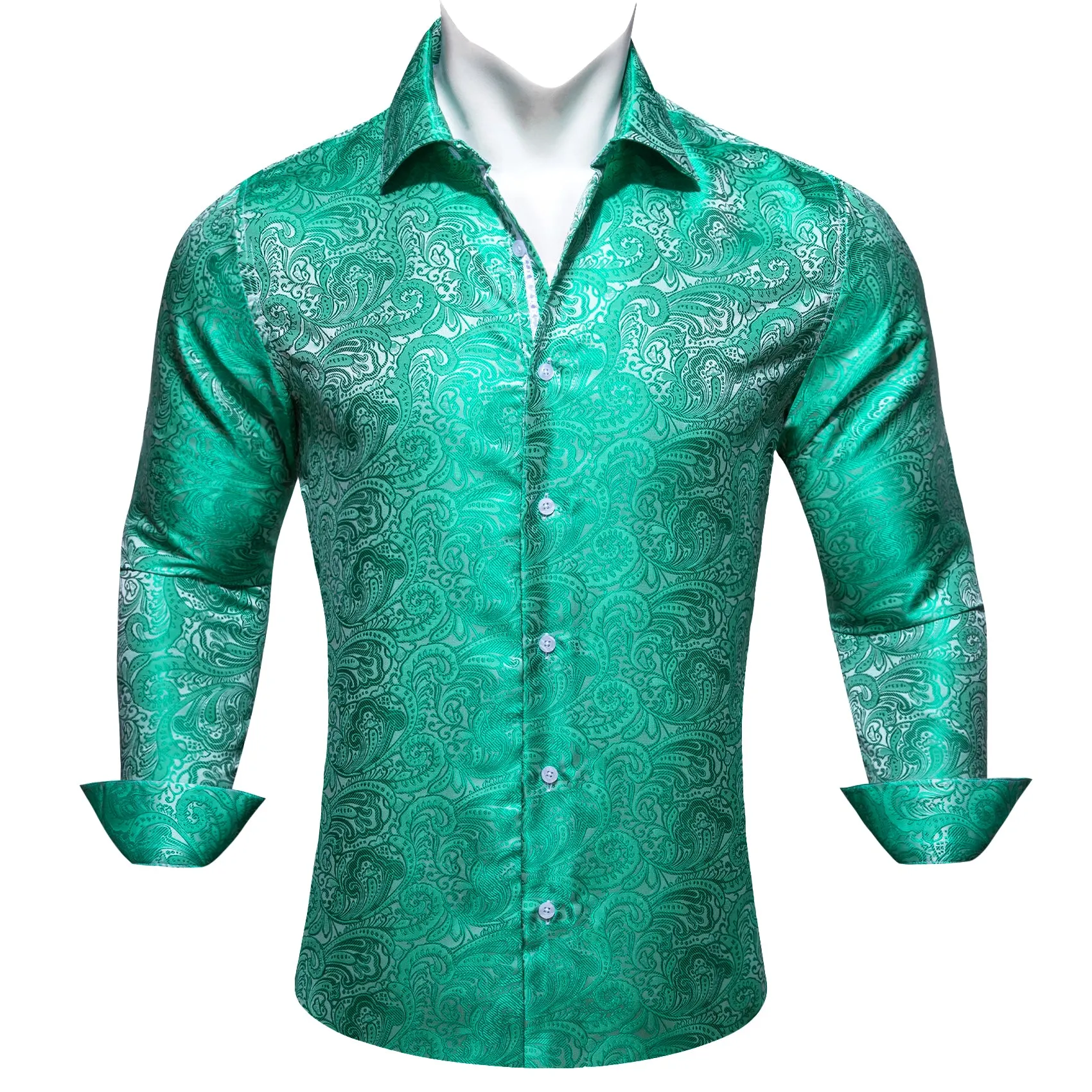 Barry Wang MediumTurquoise Teal Green White Paisley Silk Men's Shirt