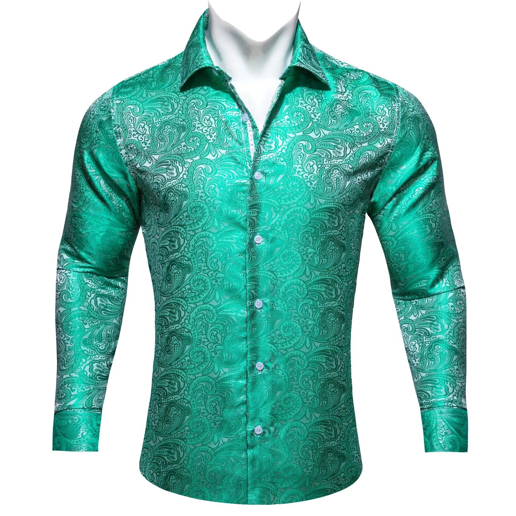 Barry Wang MediumTurquoise Teal Green White Paisley Silk Men's Shirt
