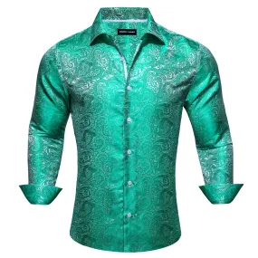 Barry Wang MediumTurquoise Teal Green White Paisley Silk Men's Shirt