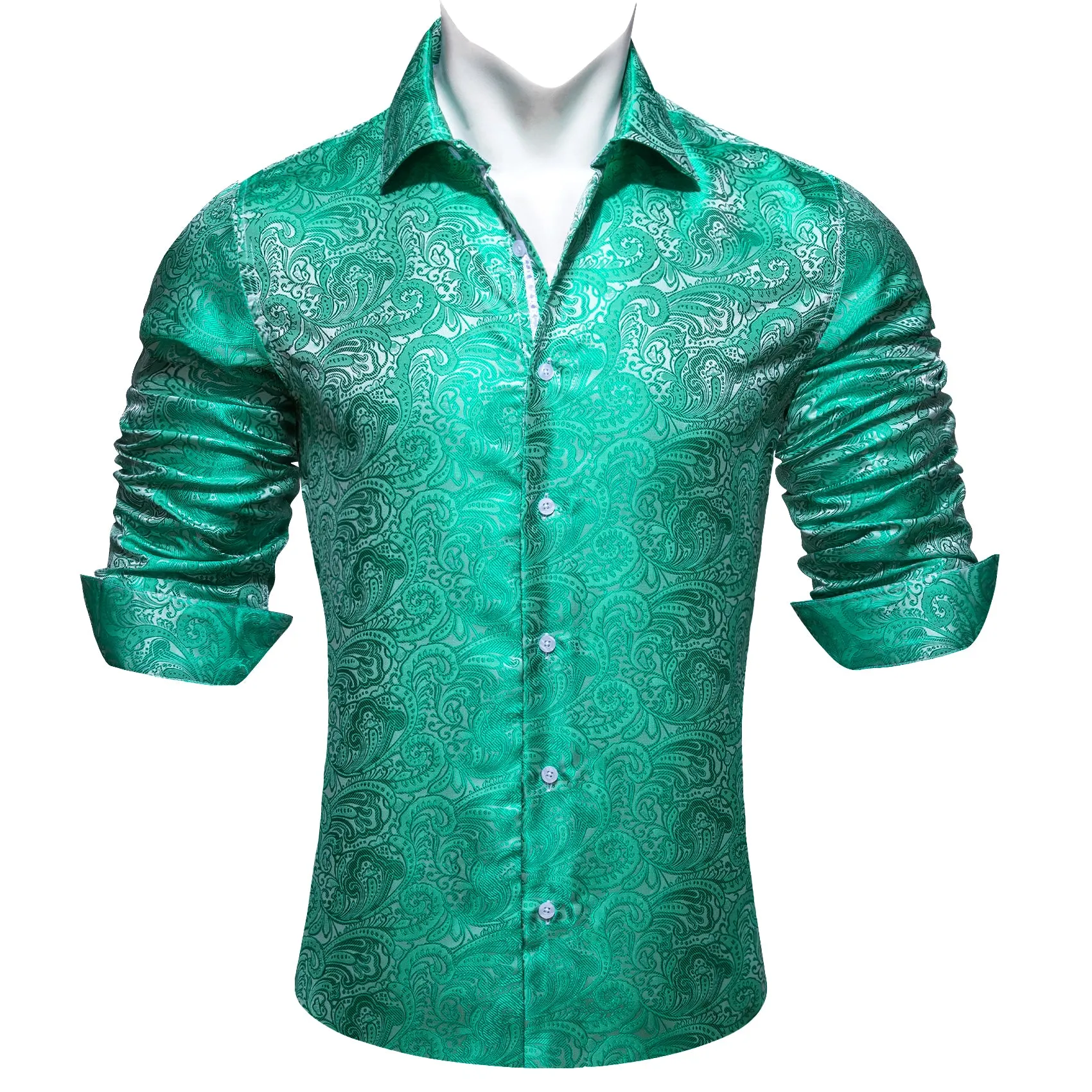 Barry Wang MediumTurquoise Teal Green White Paisley Silk Men's Shirt