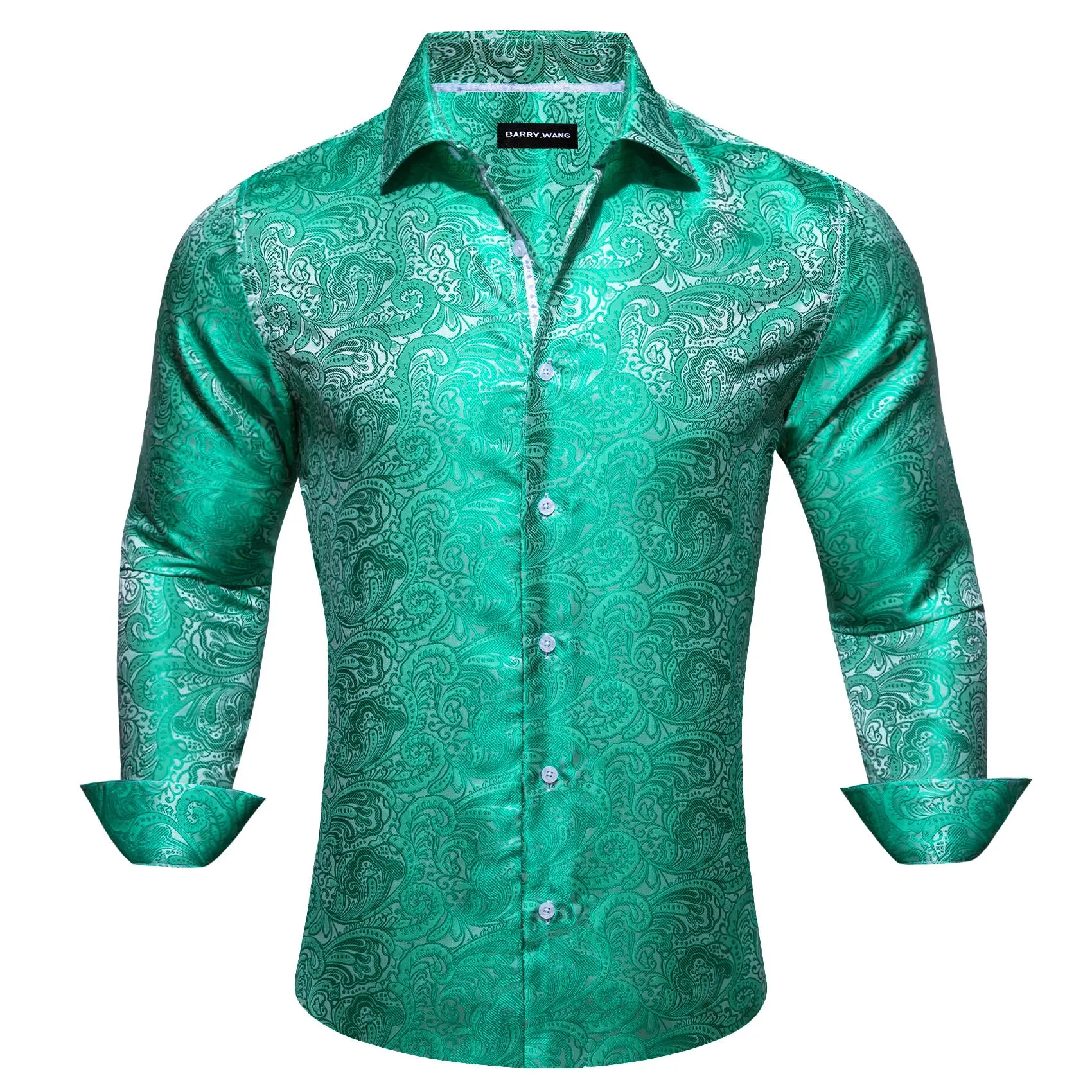 Barry Wang MediumTurquoise Teal Green White Paisley Silk Men's Shirt