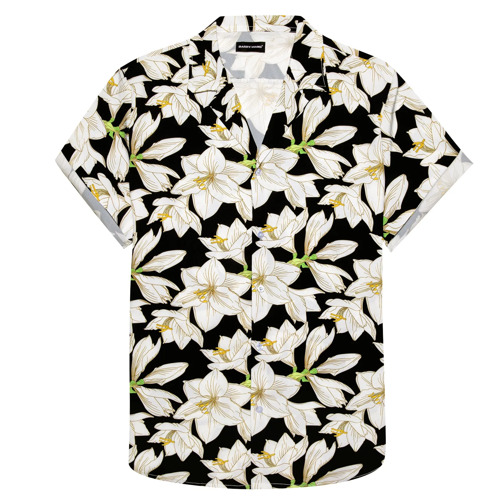 Barry Wang Men's Black White Lily Floral Pattern Short Sleeves Summer Hawaii Shirt