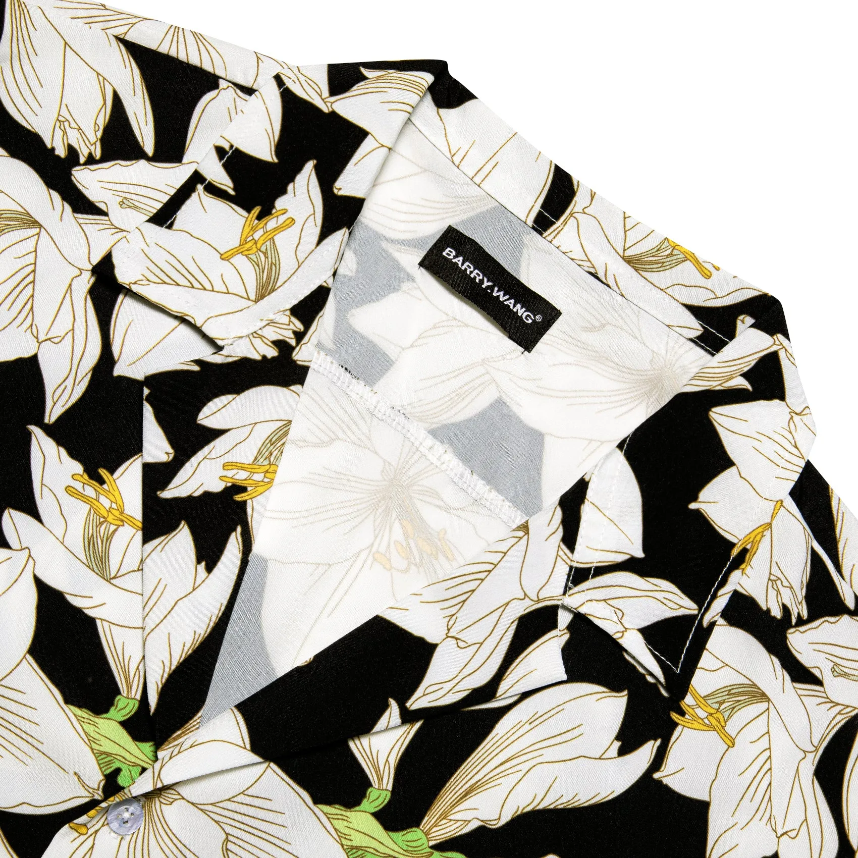 Barry Wang Men's Black White Lily Floral Pattern Short Sleeves Summer Hawaii Shirt