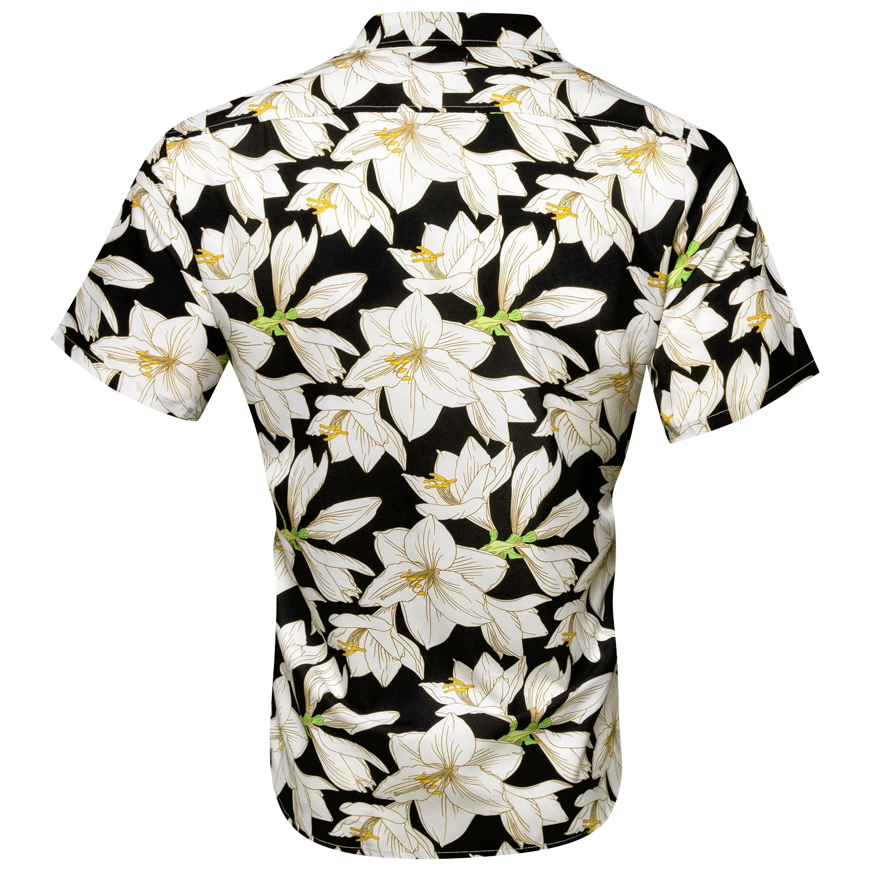 Barry Wang Men's Black White Lily Floral Pattern Short Sleeves Summer Hawaii Shirt
