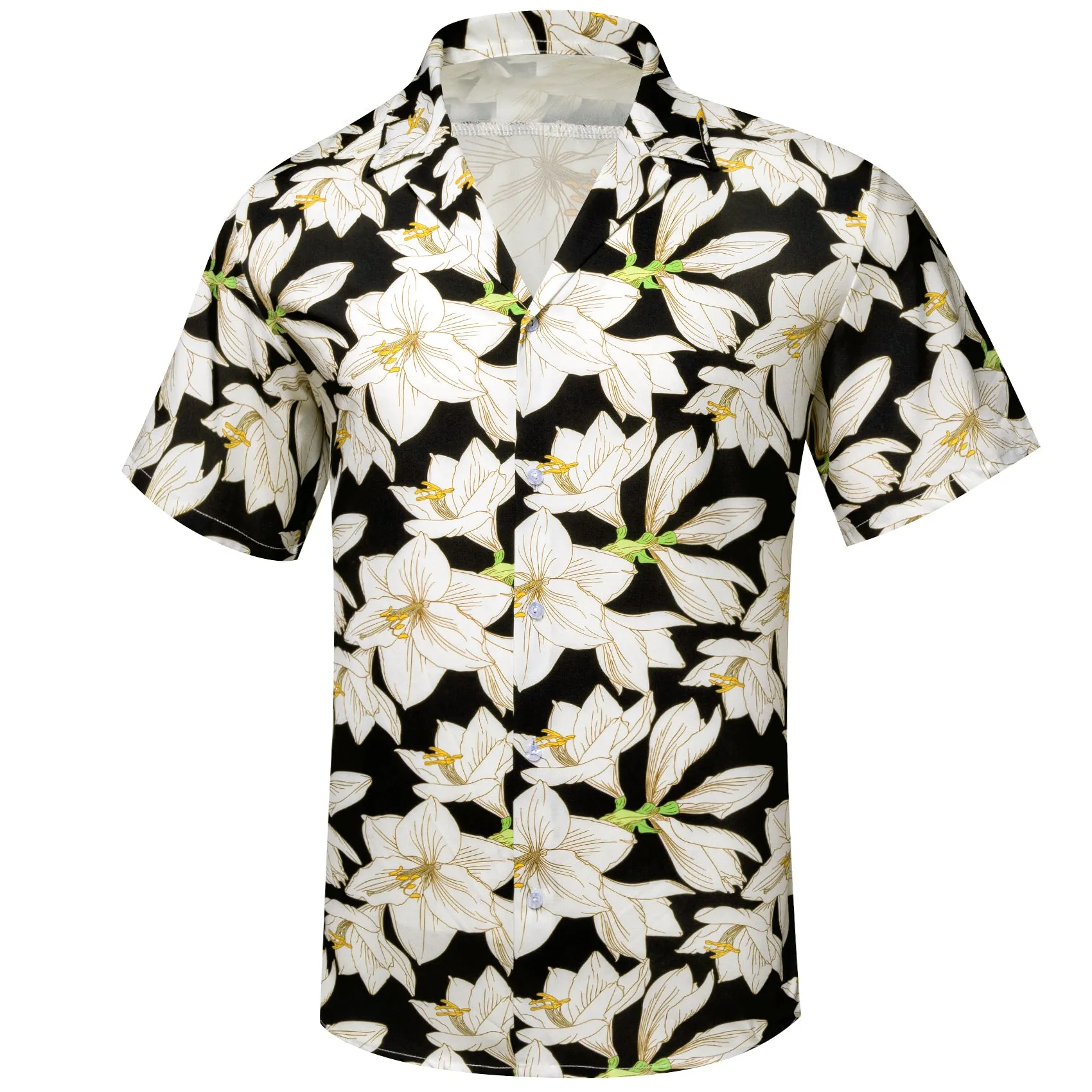 Barry Wang Men's Black White Lily Floral Pattern Short Sleeves Summer Hawaii Shirt