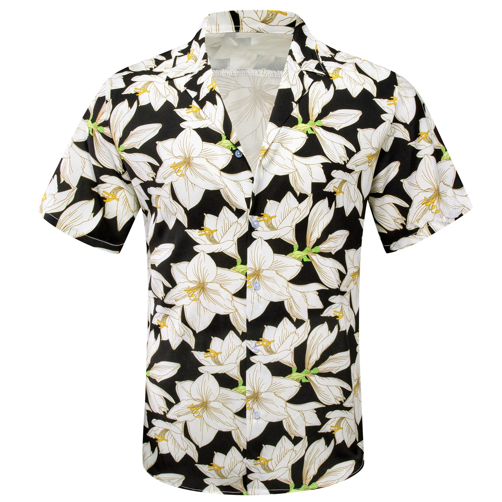 Barry Wang Men's Black White Lily Floral Pattern Short Sleeves Summer Hawaii Shirt