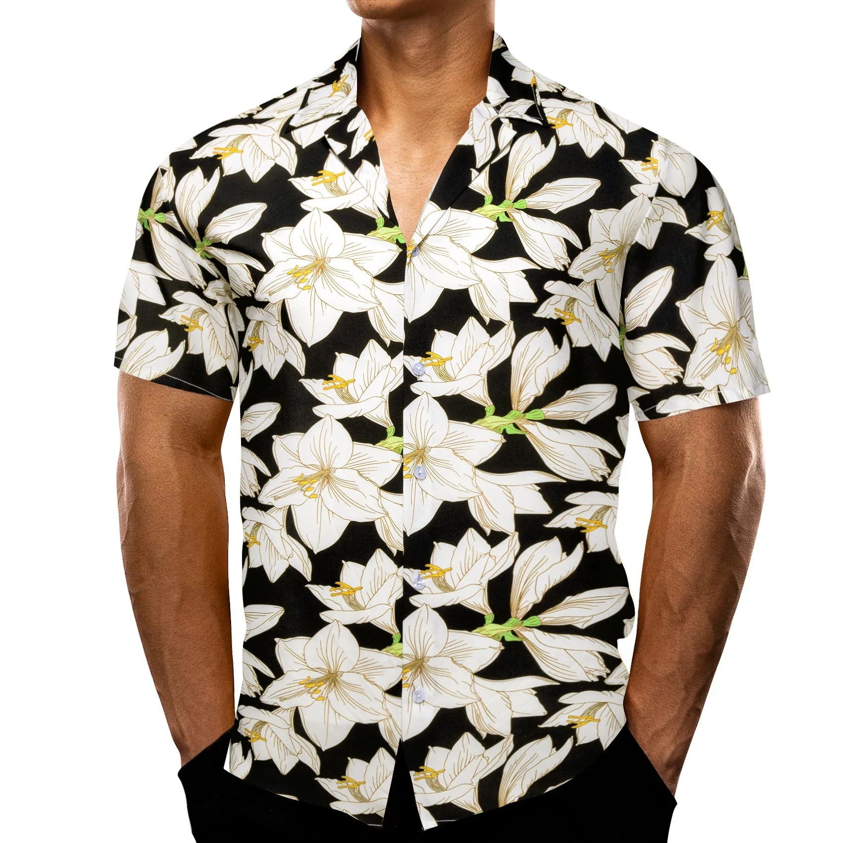 Barry Wang Men's Black White Lily Floral Pattern Short Sleeves Summer Hawaii Shirt