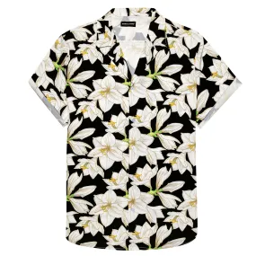 Barry Wang Men's Black White Lily Floral Pattern Short Sleeves Summer Hawaii Shirt