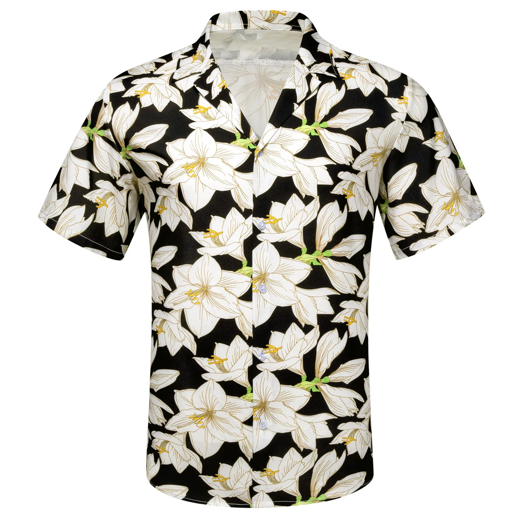 Barry Wang Men's Black White Lily Floral Pattern Short Sleeves Summer Hawaii Shirt