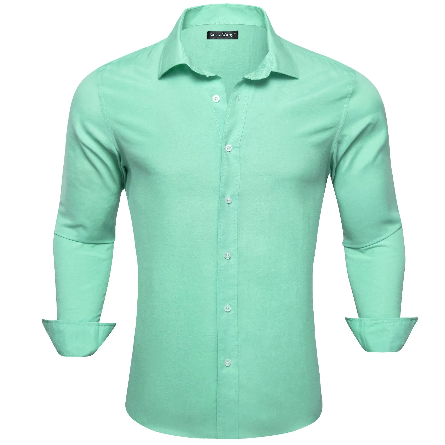 Barry.wang Button Down Shirt Turquoise Green Solid Men's Silk Shirt