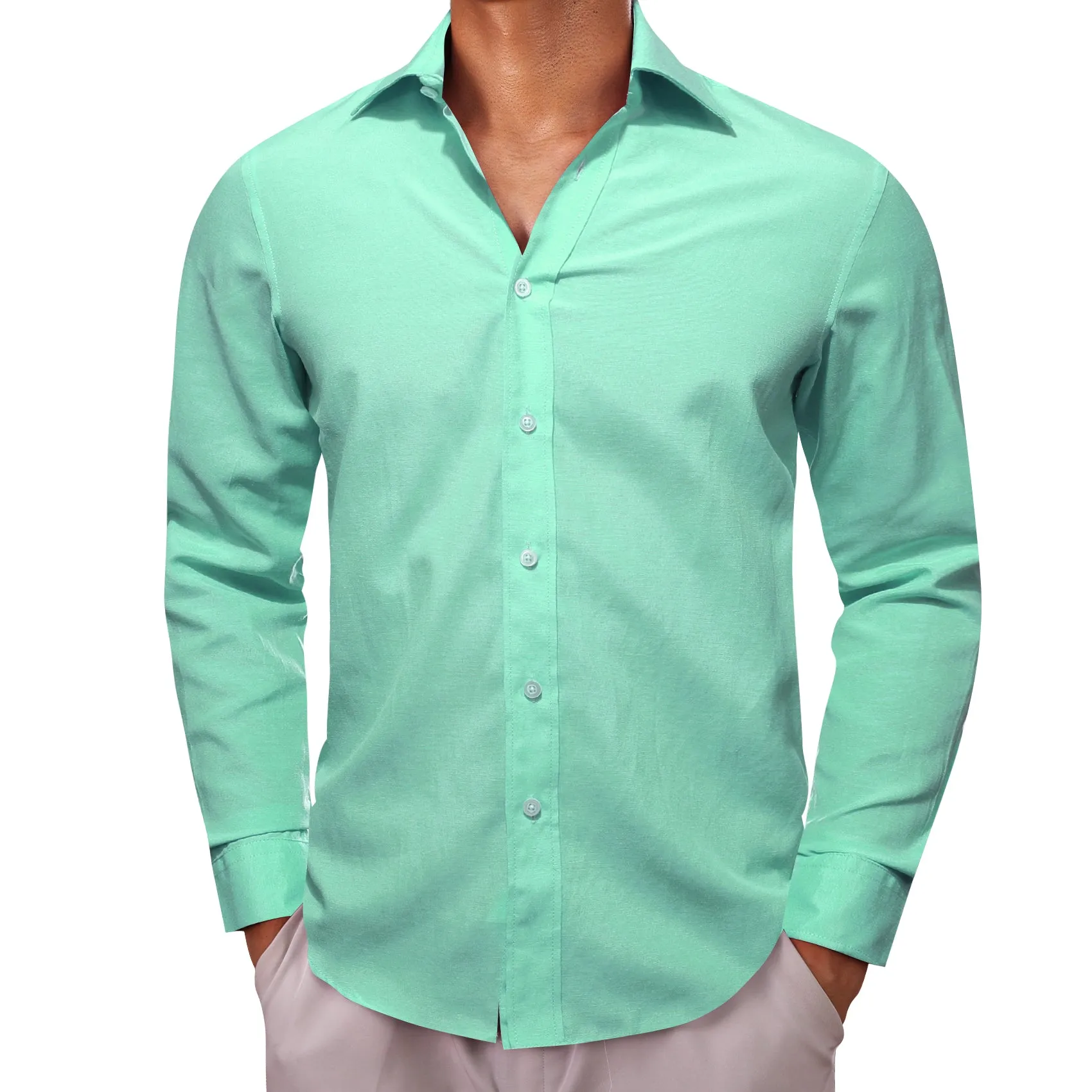 Barry.wang Button Down Shirt Turquoise Green Solid Men's Silk Shirt
