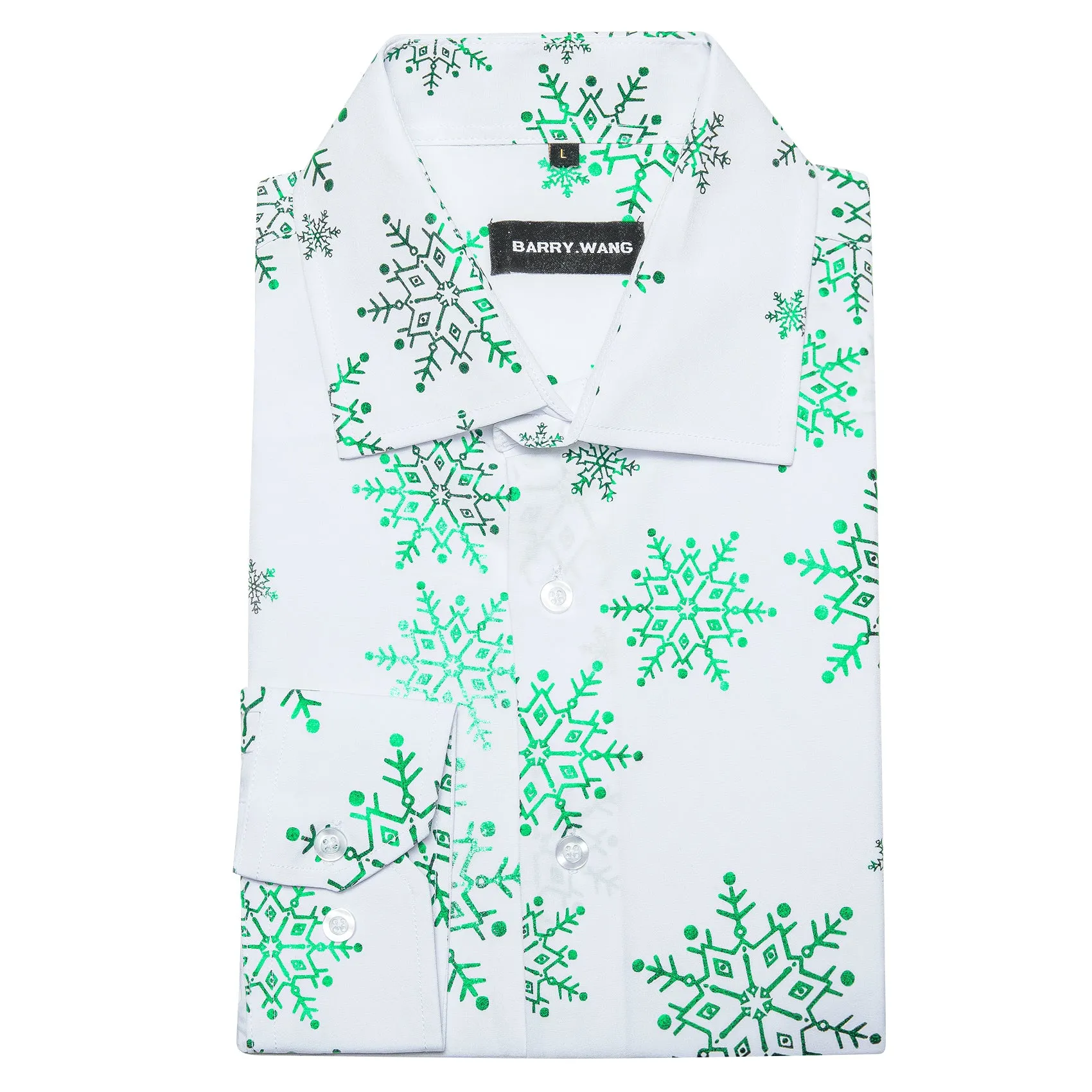 Barry.wang Christmas White Green Snowflake Floral Silk Shirt