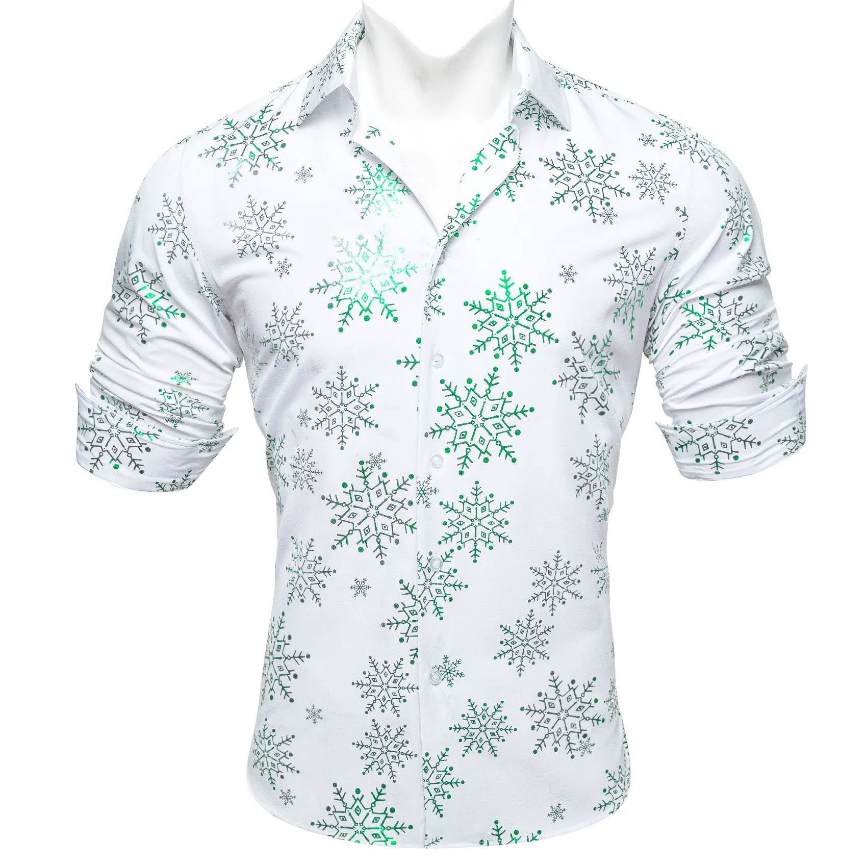 Barry.wang Christmas White Green Snowflake Floral Silk Shirt