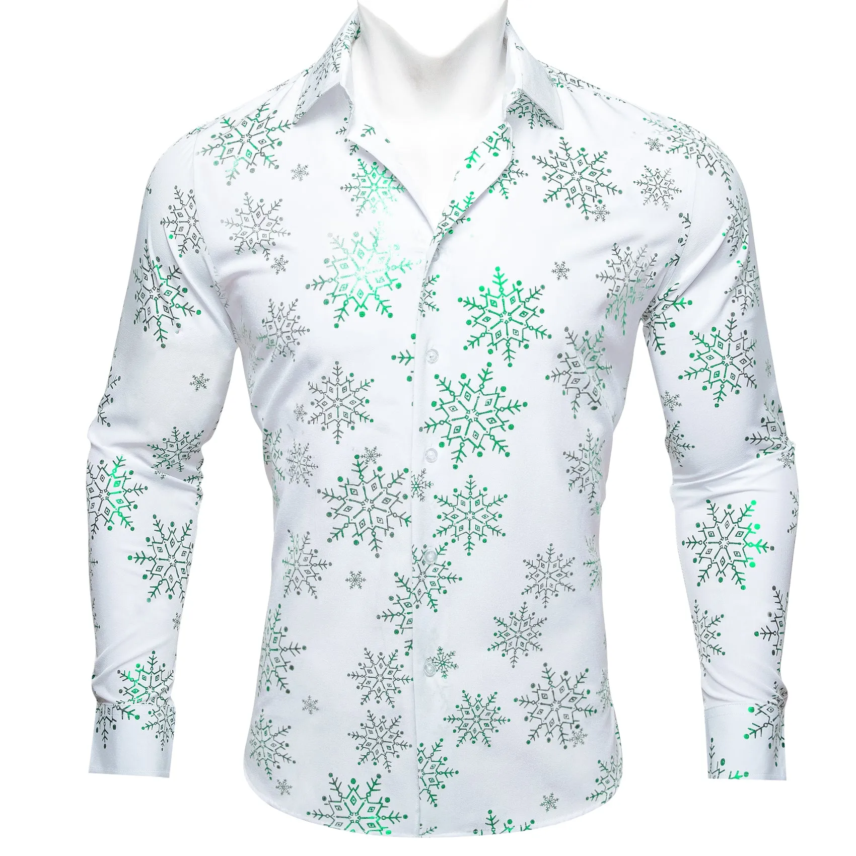 Barry.wang Christmas White Green Snowflake Floral Silk Shirt