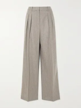 Beige pleated pinstriped wool and cashmere-blend wide-leg pants