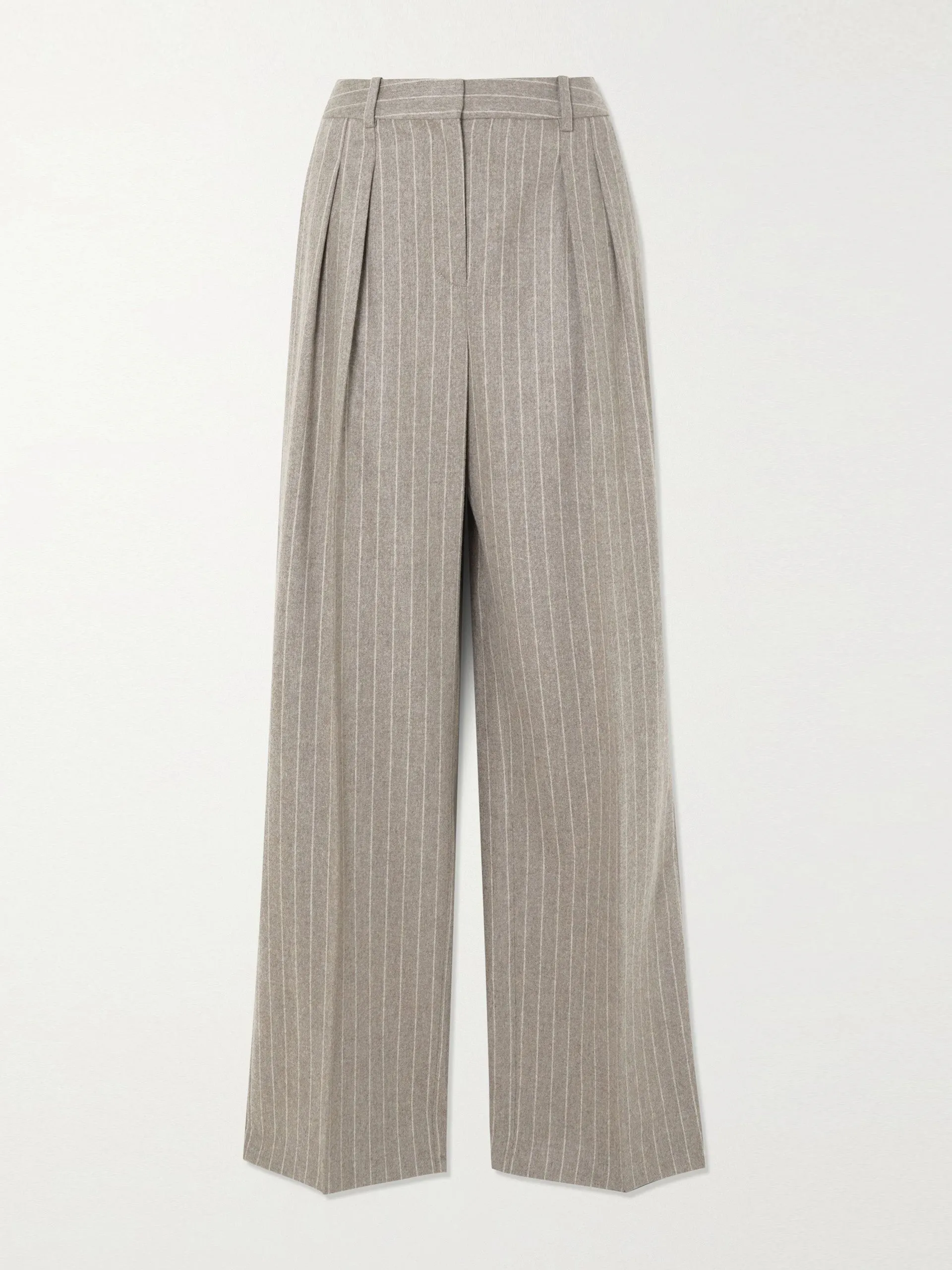 Beige pleated pinstriped wool and cashmere-blend wide-leg pants