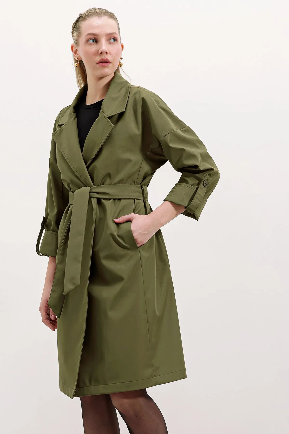 BGD Women Double-Breasted Collar Lined Trench Coat - Khaki - Tezonapa
