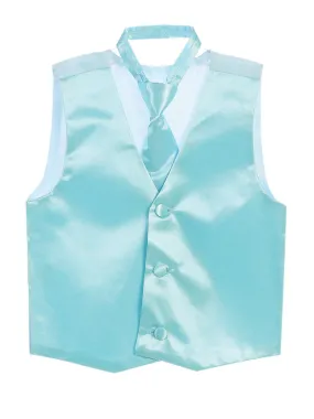 Big Boys Cyan Blue Three Button Satin Vest Tie 2 Pc Set 8-16