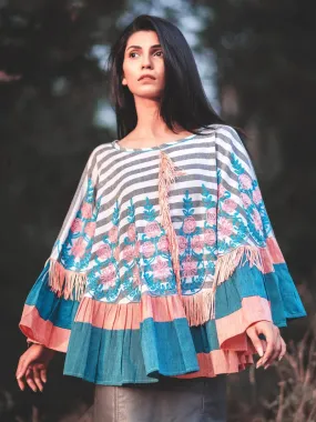 Black & White Flower Circular Poncho-Cape