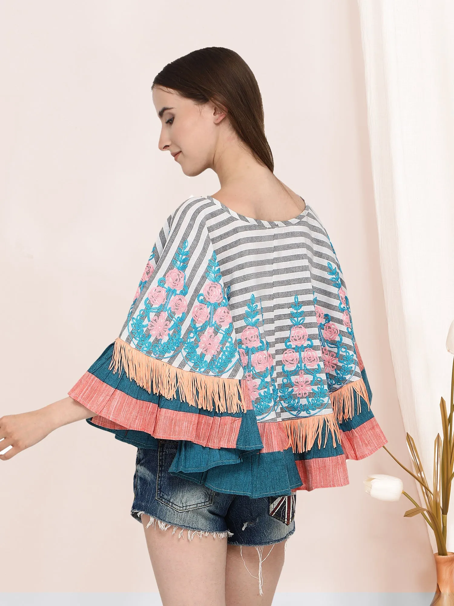 Black & White Flower Circular Poncho-Cape