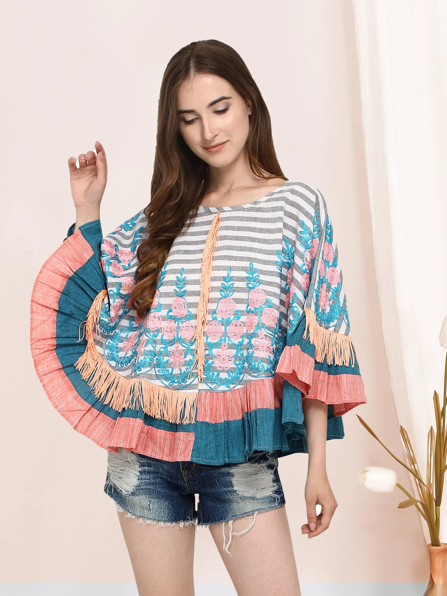 Black & White Flower Circular Poncho-Cape