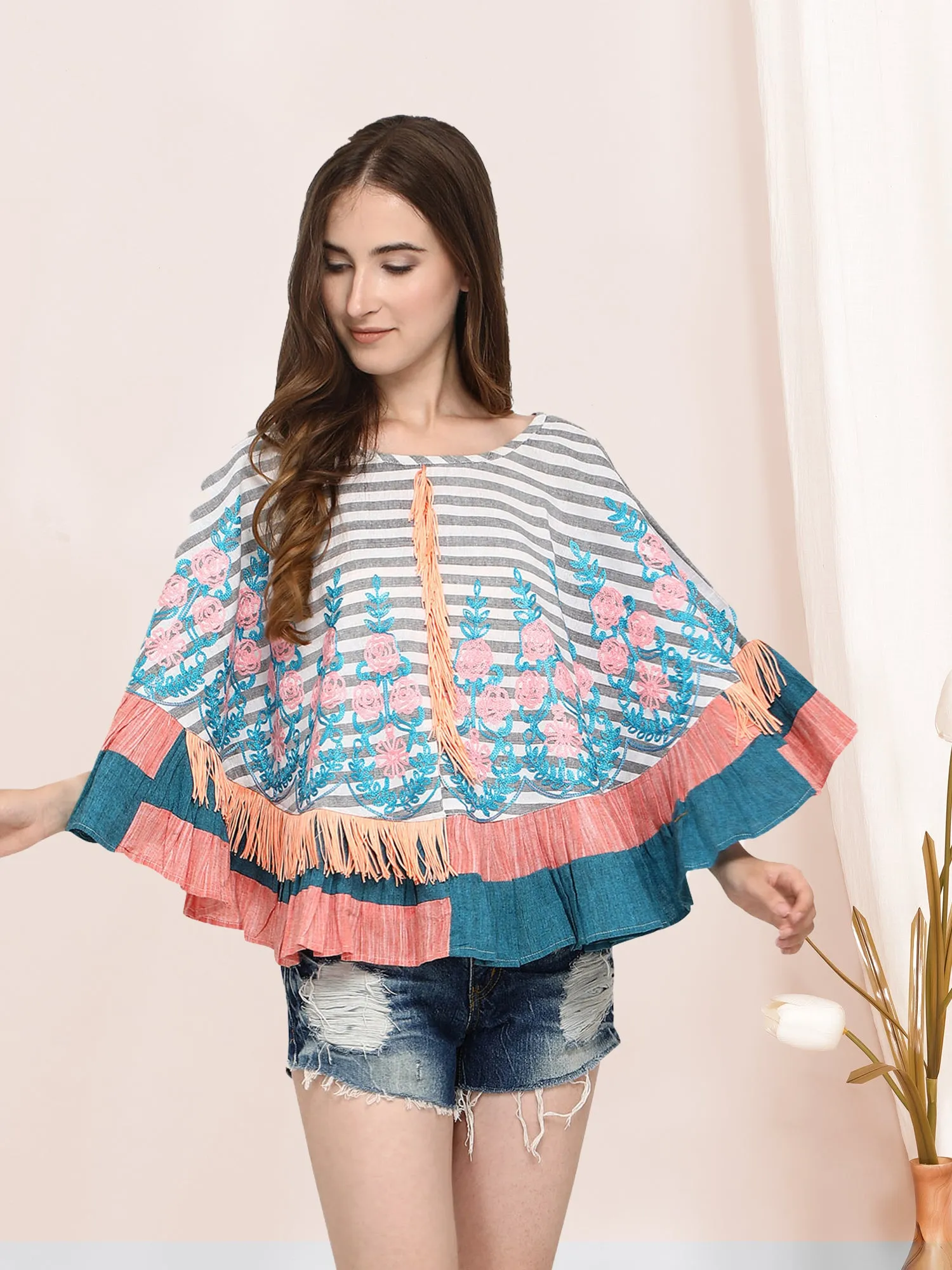 Black & White Flower Circular Poncho-Cape