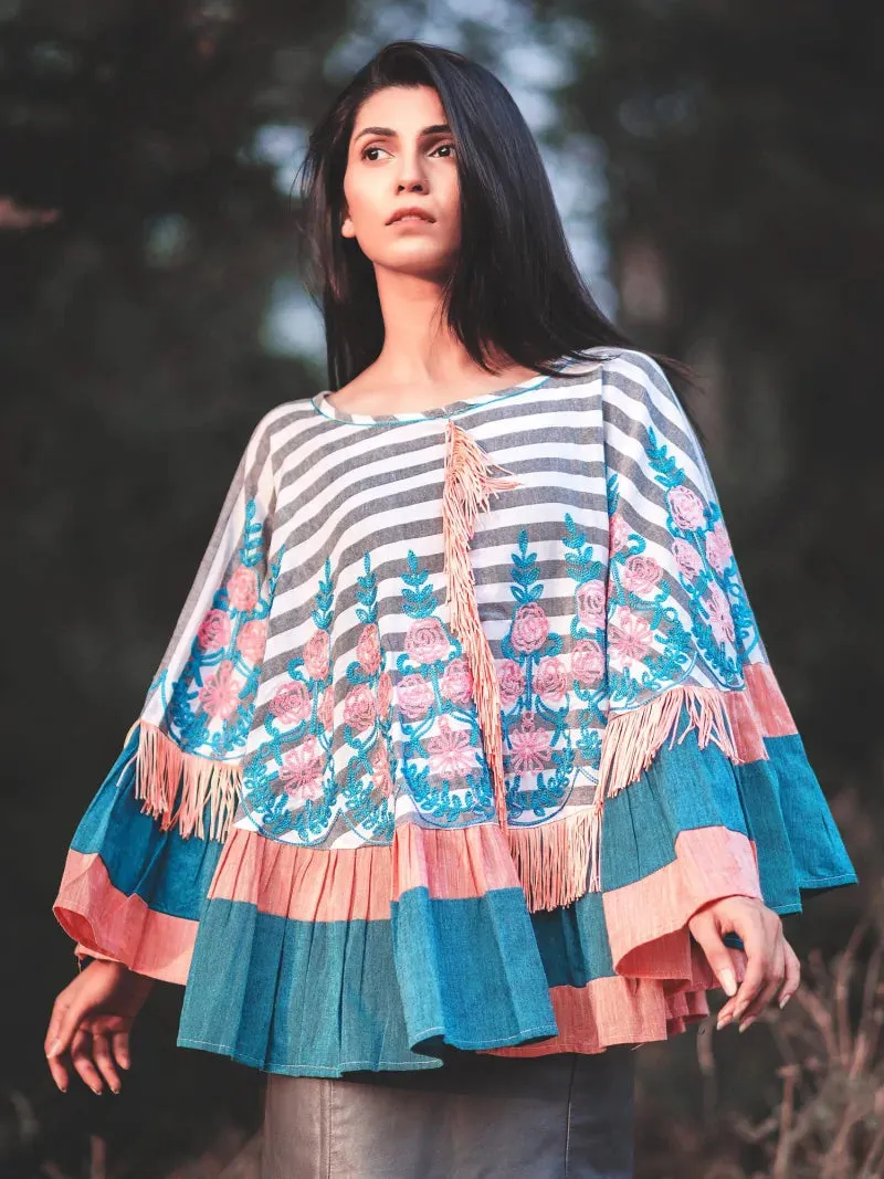 Black & White Flower Circular Poncho-Cape