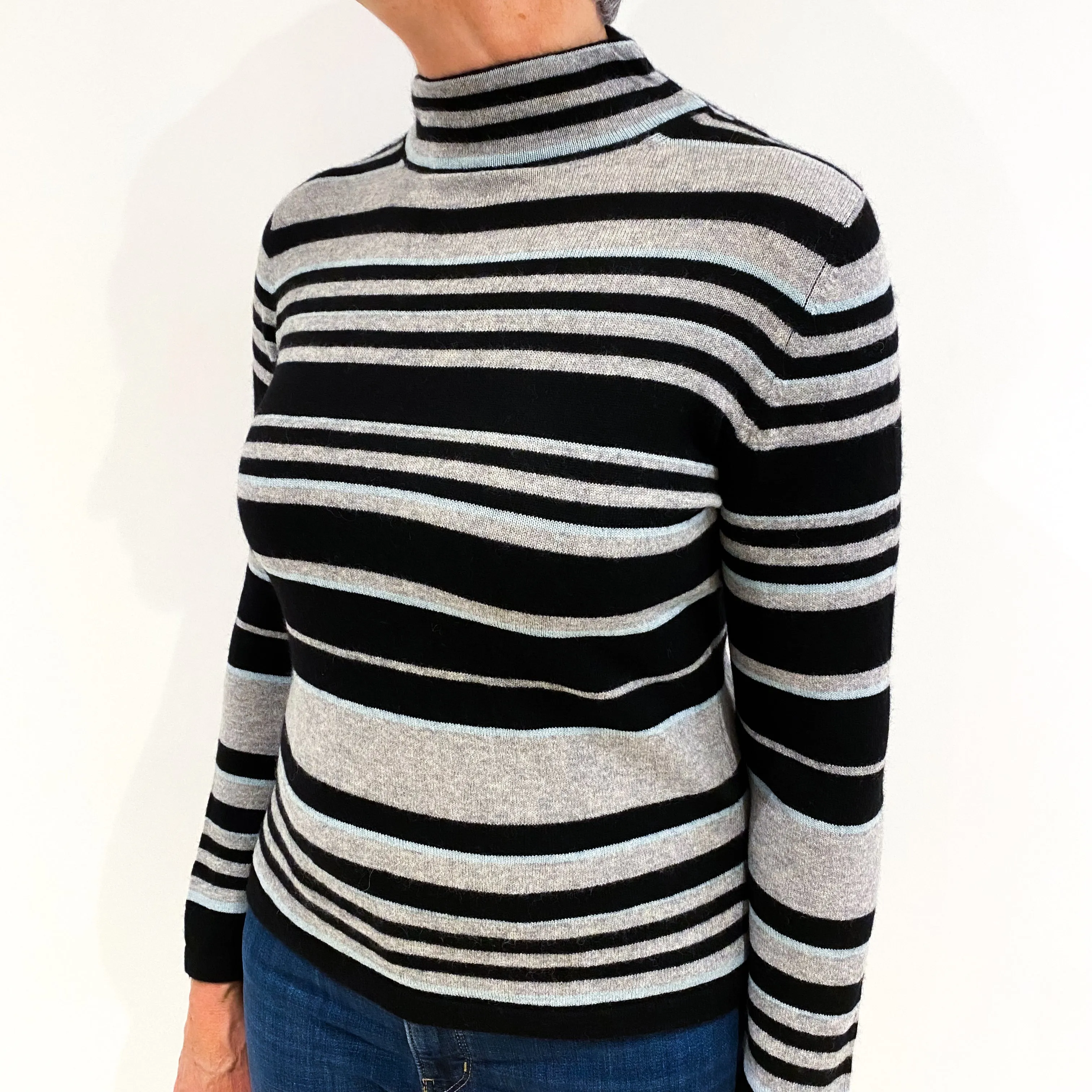 Black Grey and Mint Striped Cashmere Funnel Neck Jumper Medium
