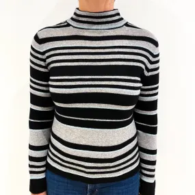 Black Grey and Mint Striped Cashmere Funnel Neck Jumper Medium