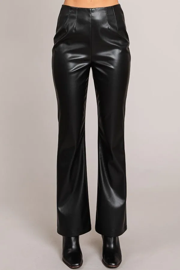 Black Pleather Darted Flared Pants