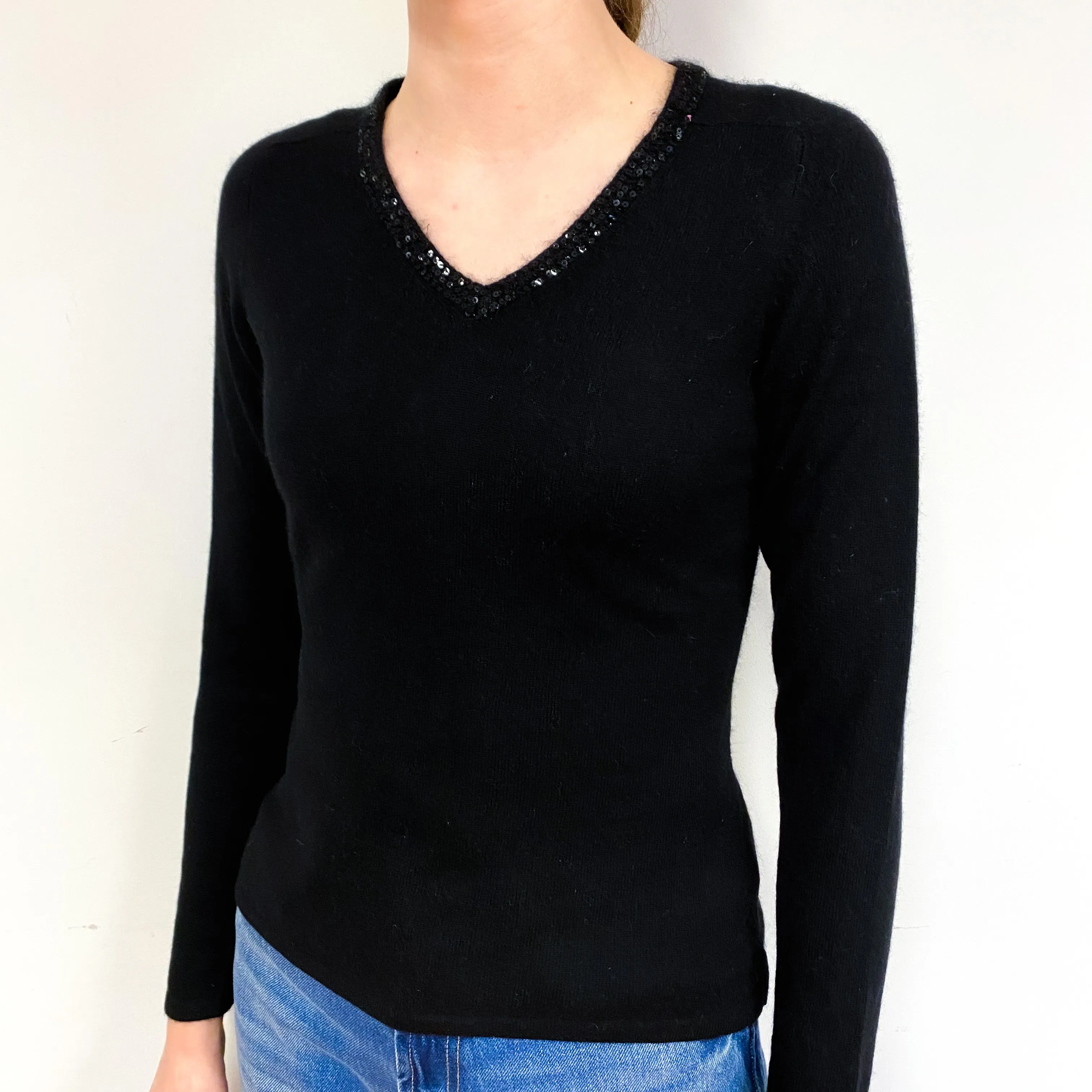 Black Sequinned Cashmere V-Neck Jumper Extra Small
