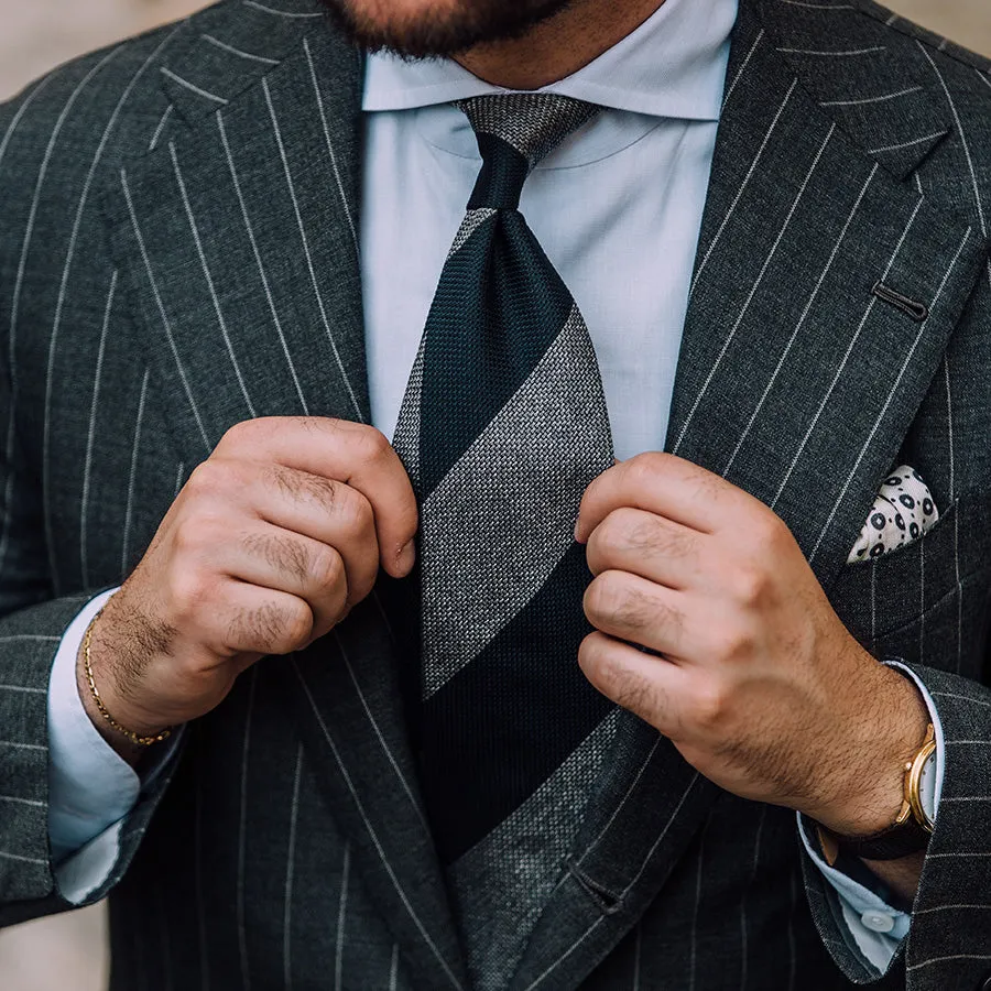 Block Stripe Grenadine / Garza Fina Bespoke Tie - Navy / Grey Mottled