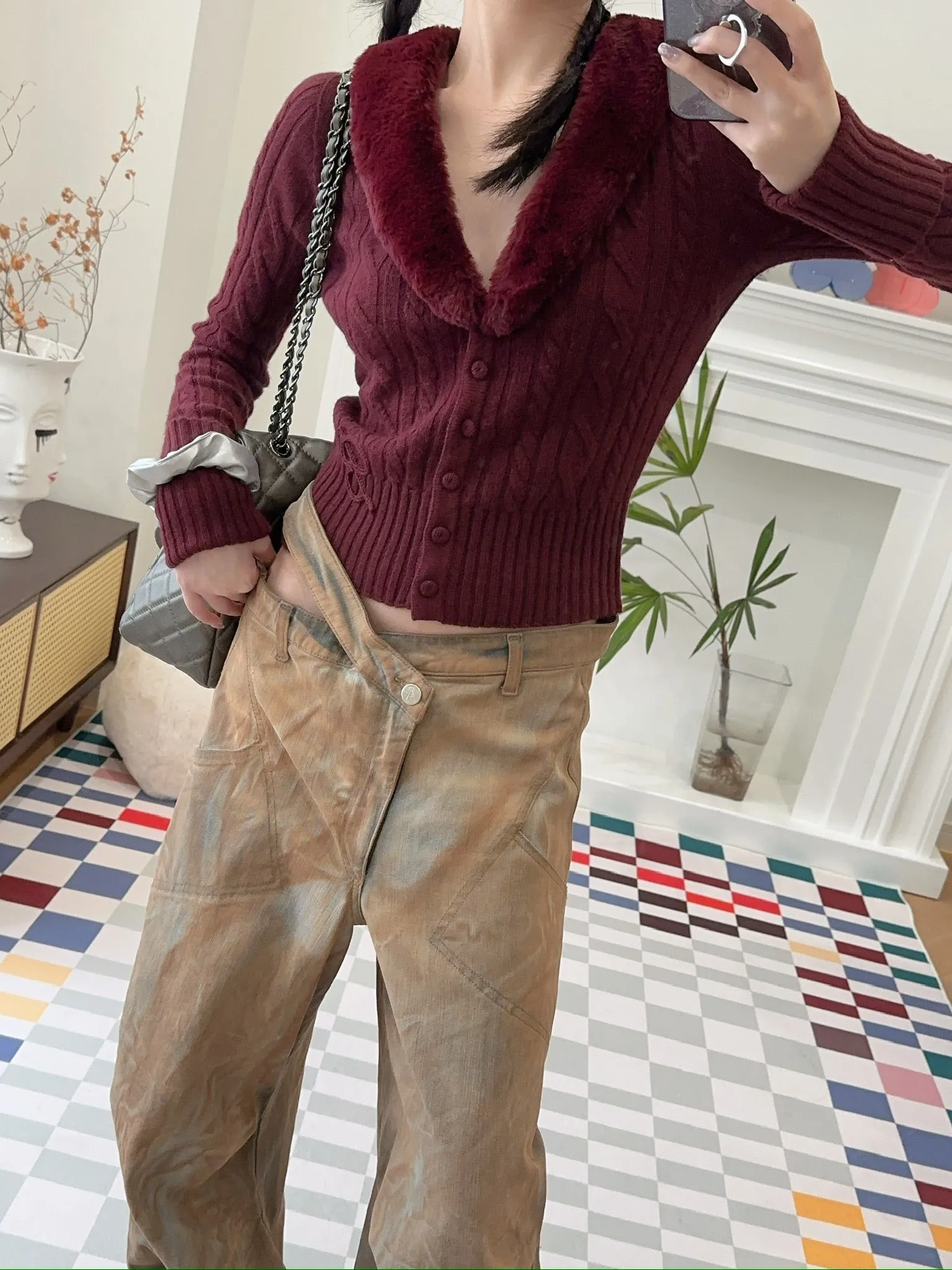 BLUMARINE CARDIGAN WITH FAUX FUR COLLAR