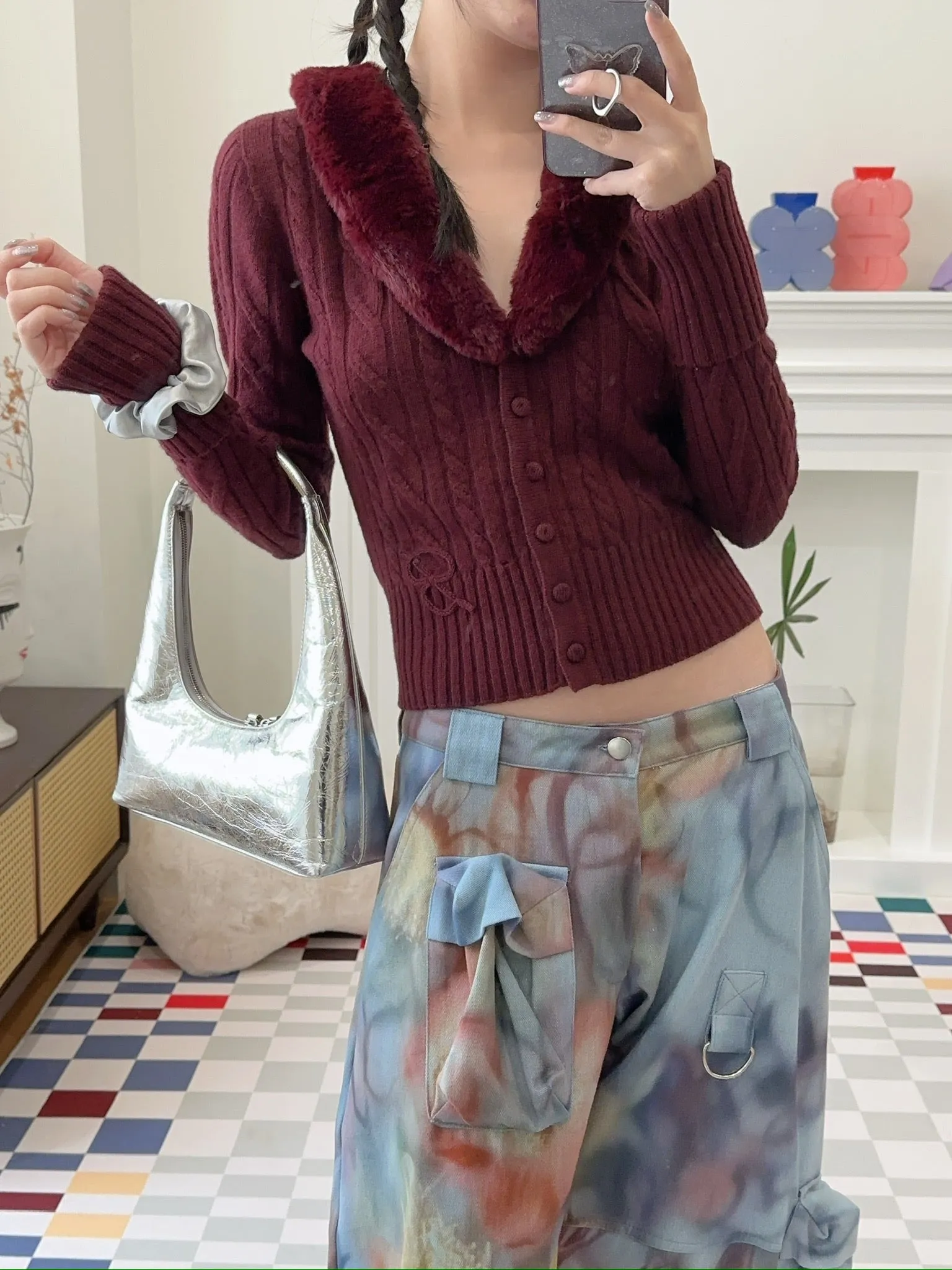 BLUMARINE CARDIGAN WITH FAUX FUR COLLAR