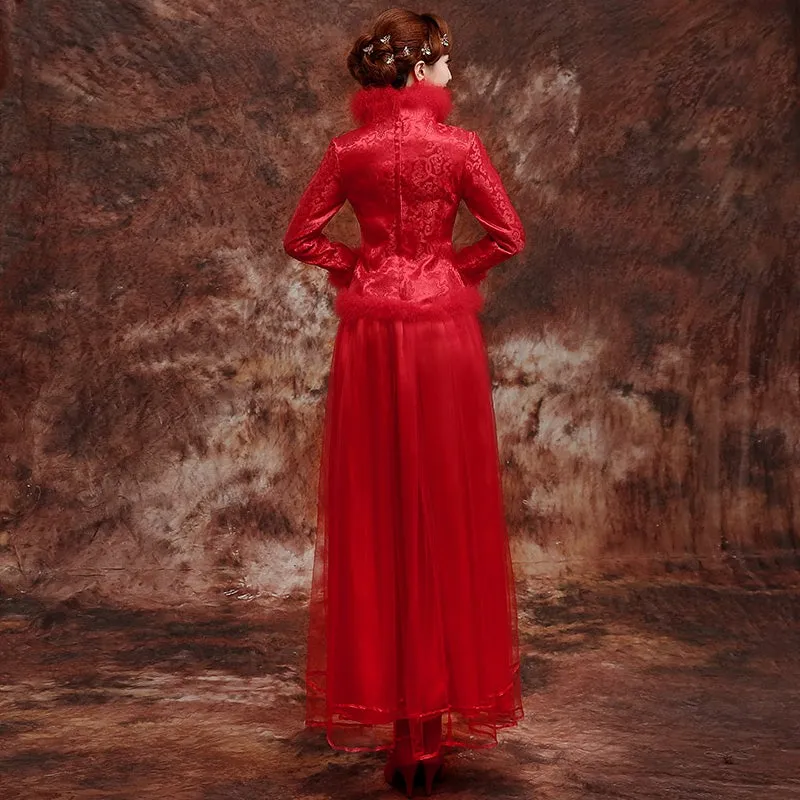 Brocade Top Tulle Skirt Chinese Wedding Dress with Fur Collar & Cuff