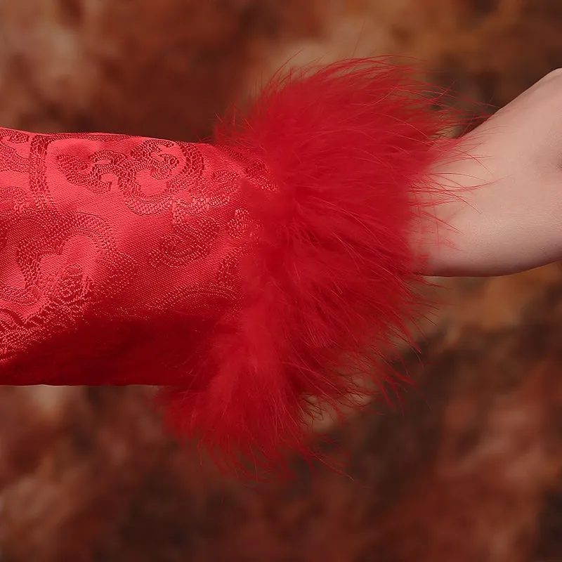 Brocade Top Tulle Skirt Chinese Wedding Dress with Fur Collar & Cuff
