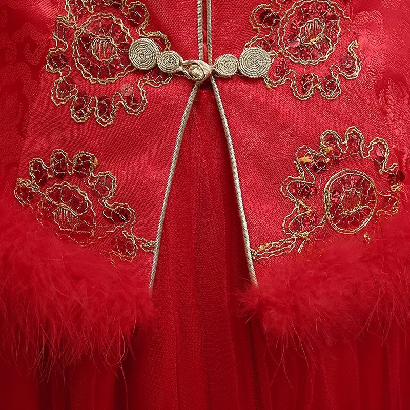 Brocade Top Tulle Skirt Chinese Wedding Dress with Fur Collar & Cuff