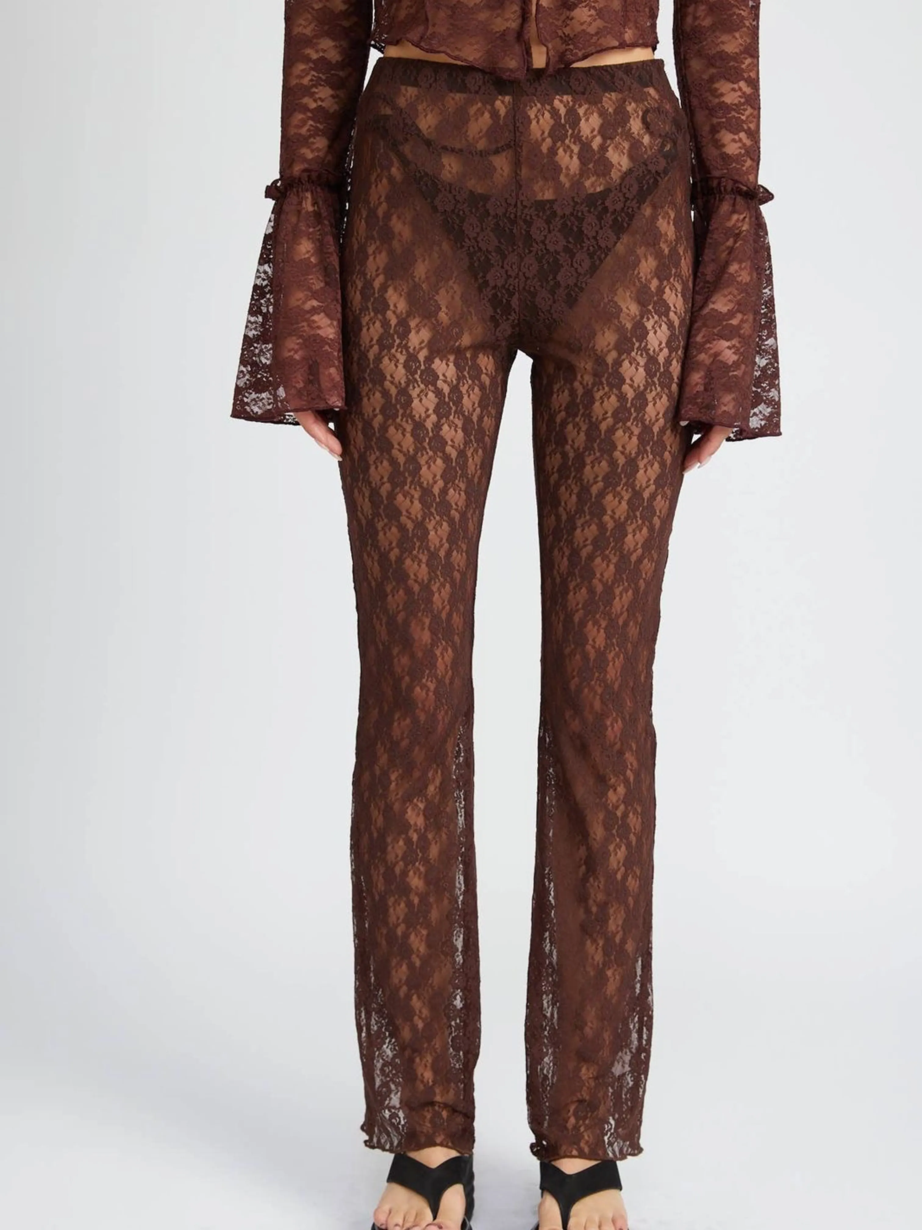 BROWN SHEER LACE FLARED PANTS