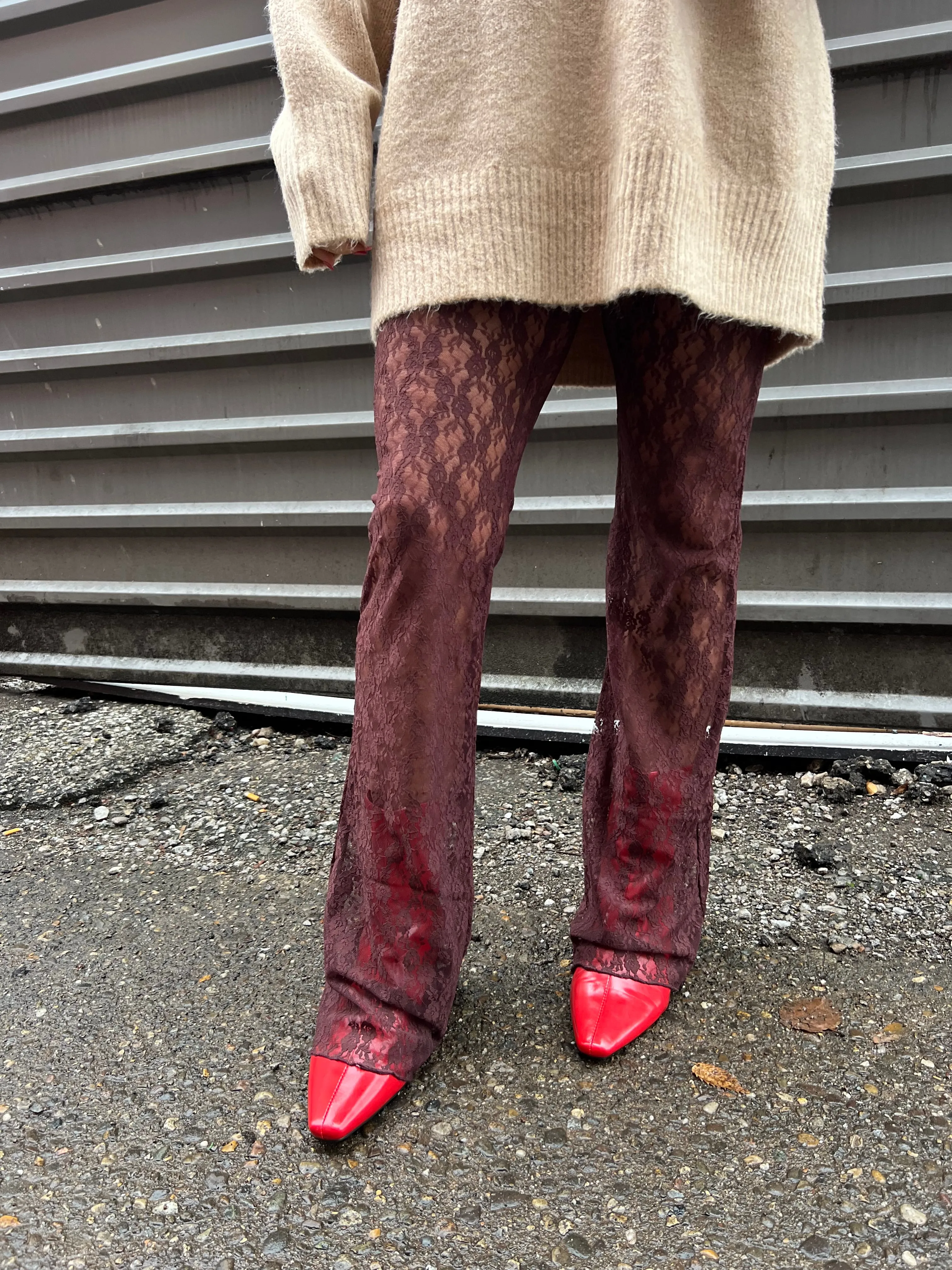 BROWN SHEER LACE FLARED PANTS
