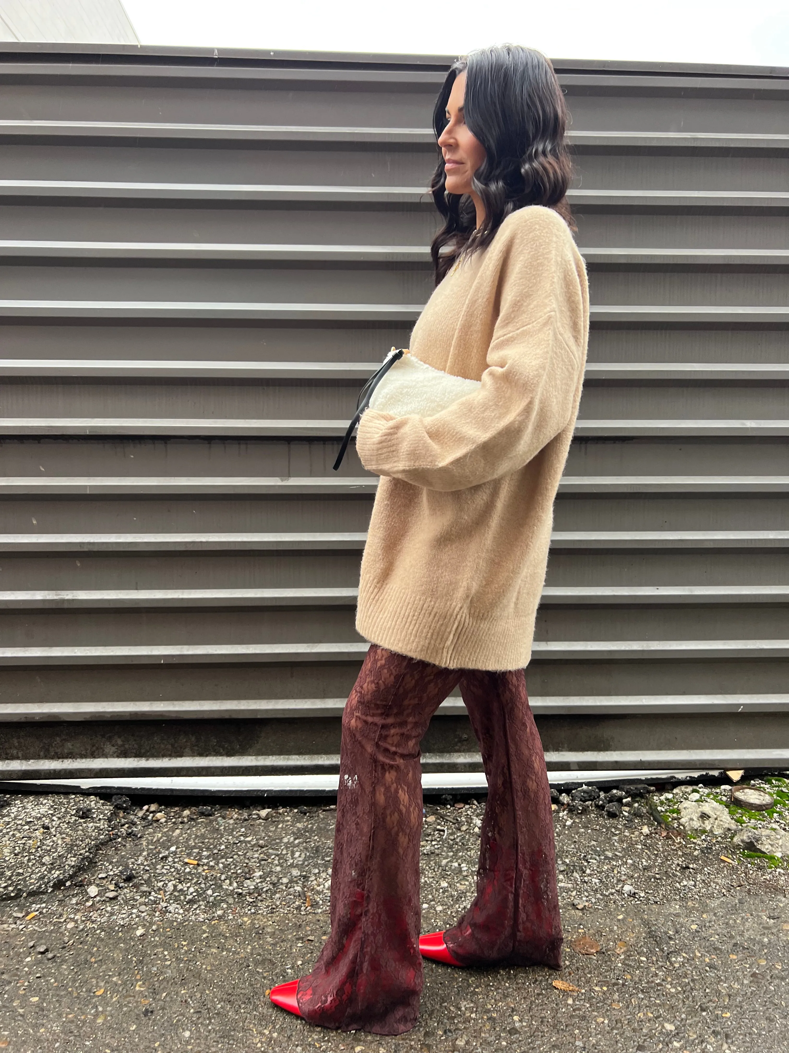 BROWN SHEER LACE FLARED PANTS