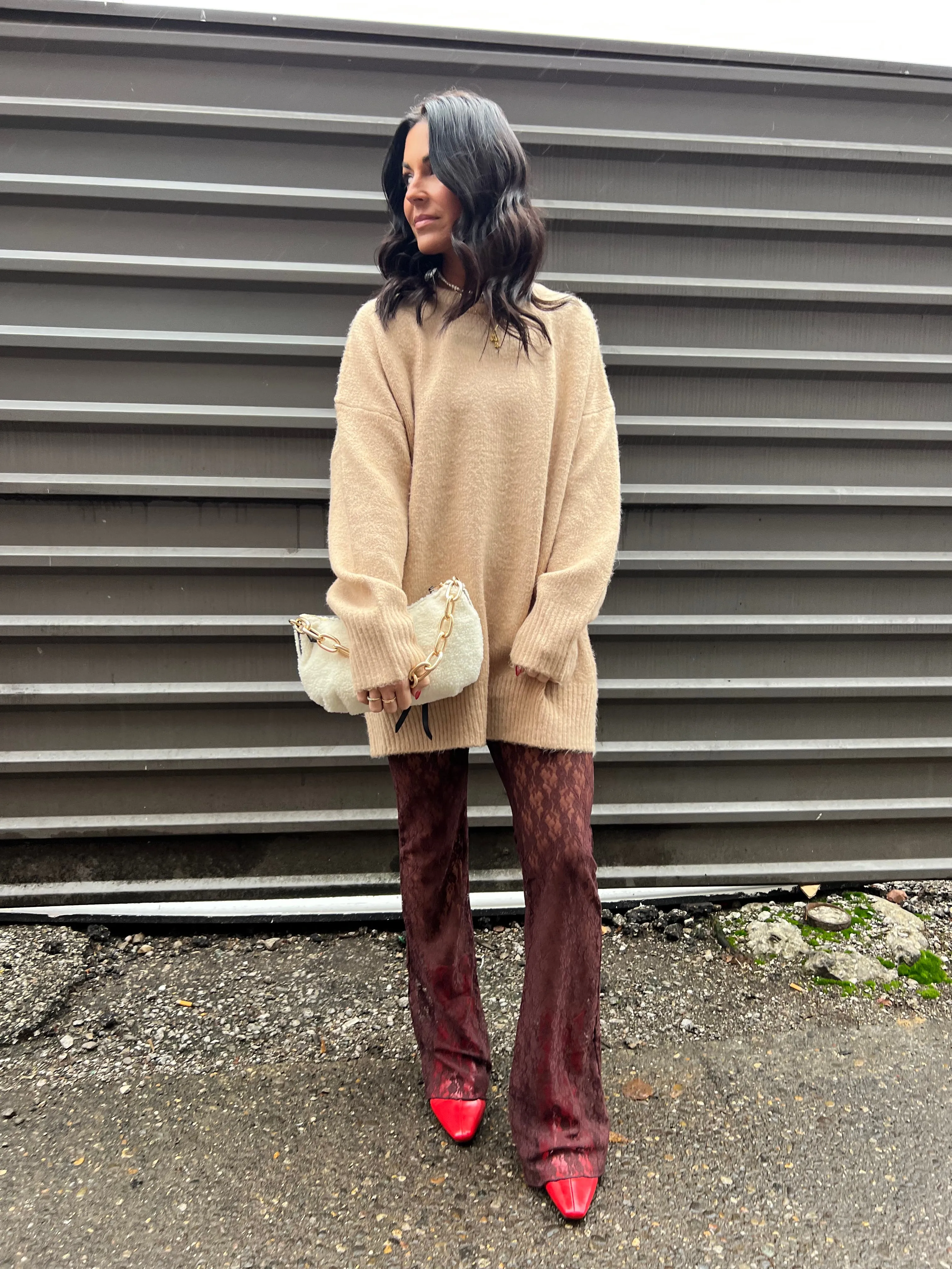 BROWN SHEER LACE FLARED PANTS