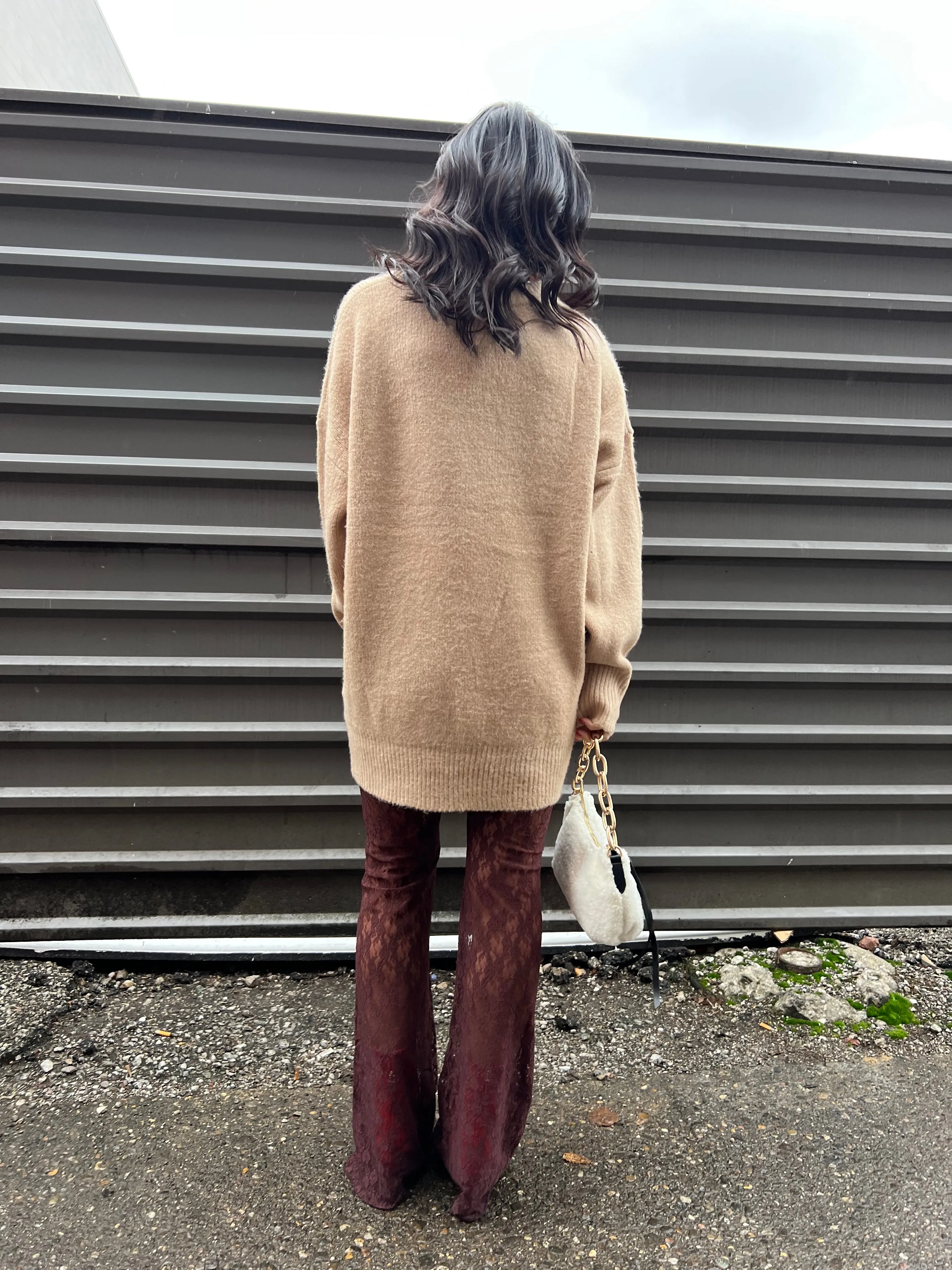 BROWN SHEER LACE FLARED PANTS